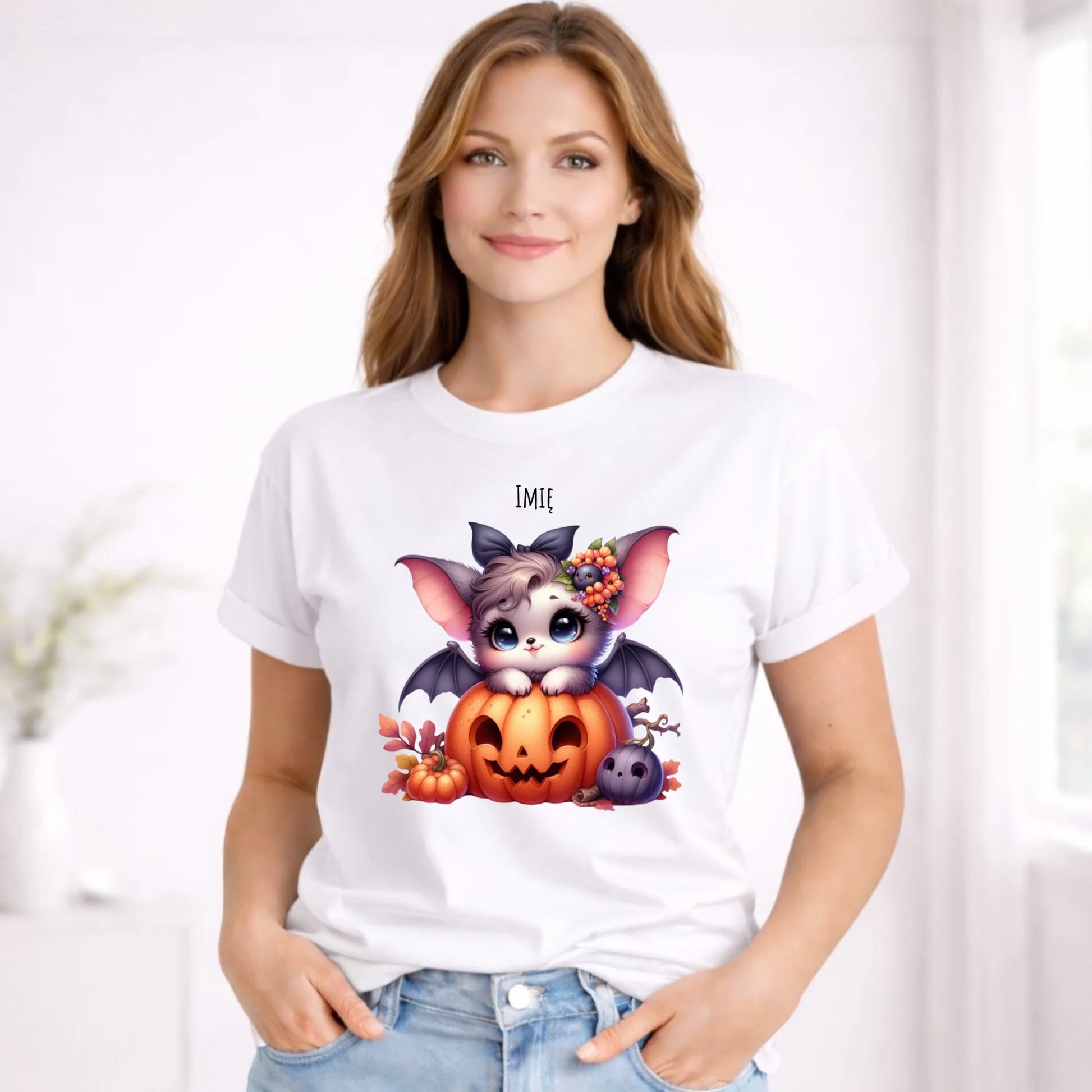 Koszulka damska halloweenowa - Uroczy nietoperz z dynią - personalizowana HL08 - StoryCups.pl