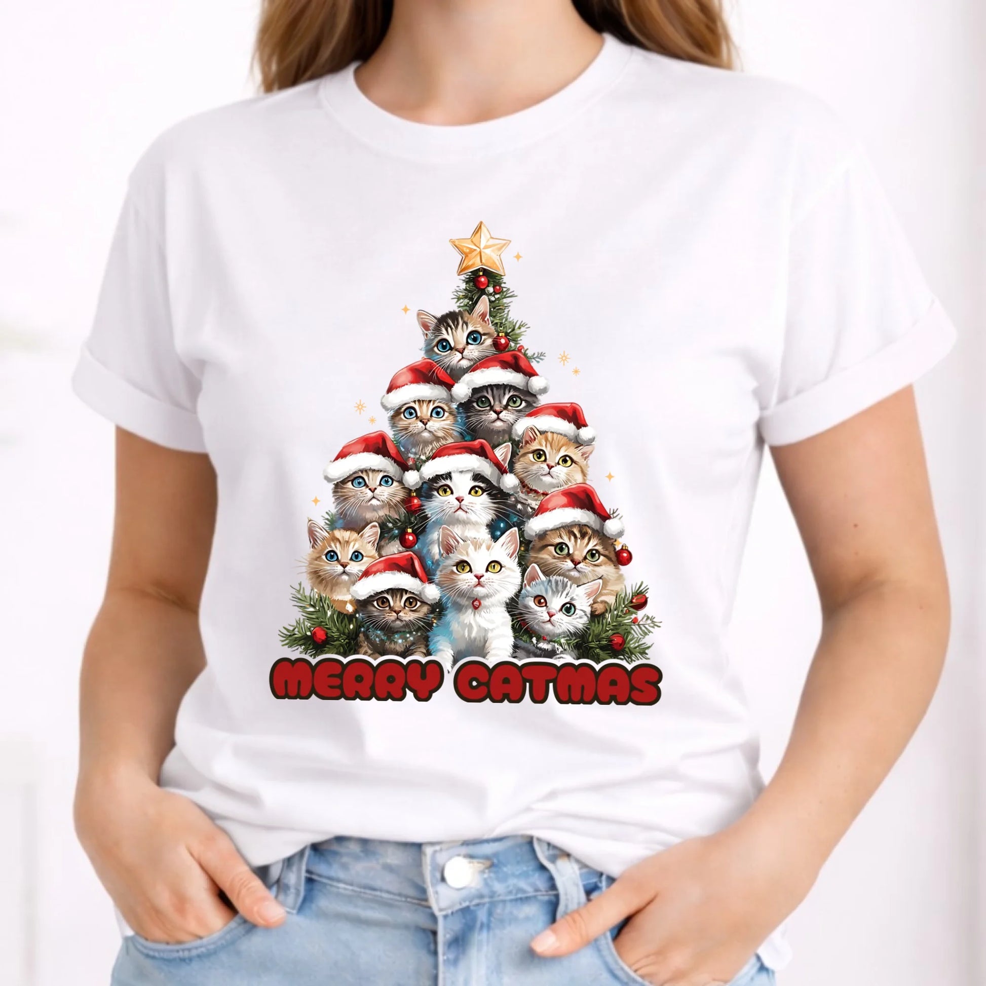 Koszulka damska świąteczna - Kocia choinka Merry Catmas BN20 - StoryCups.pl
