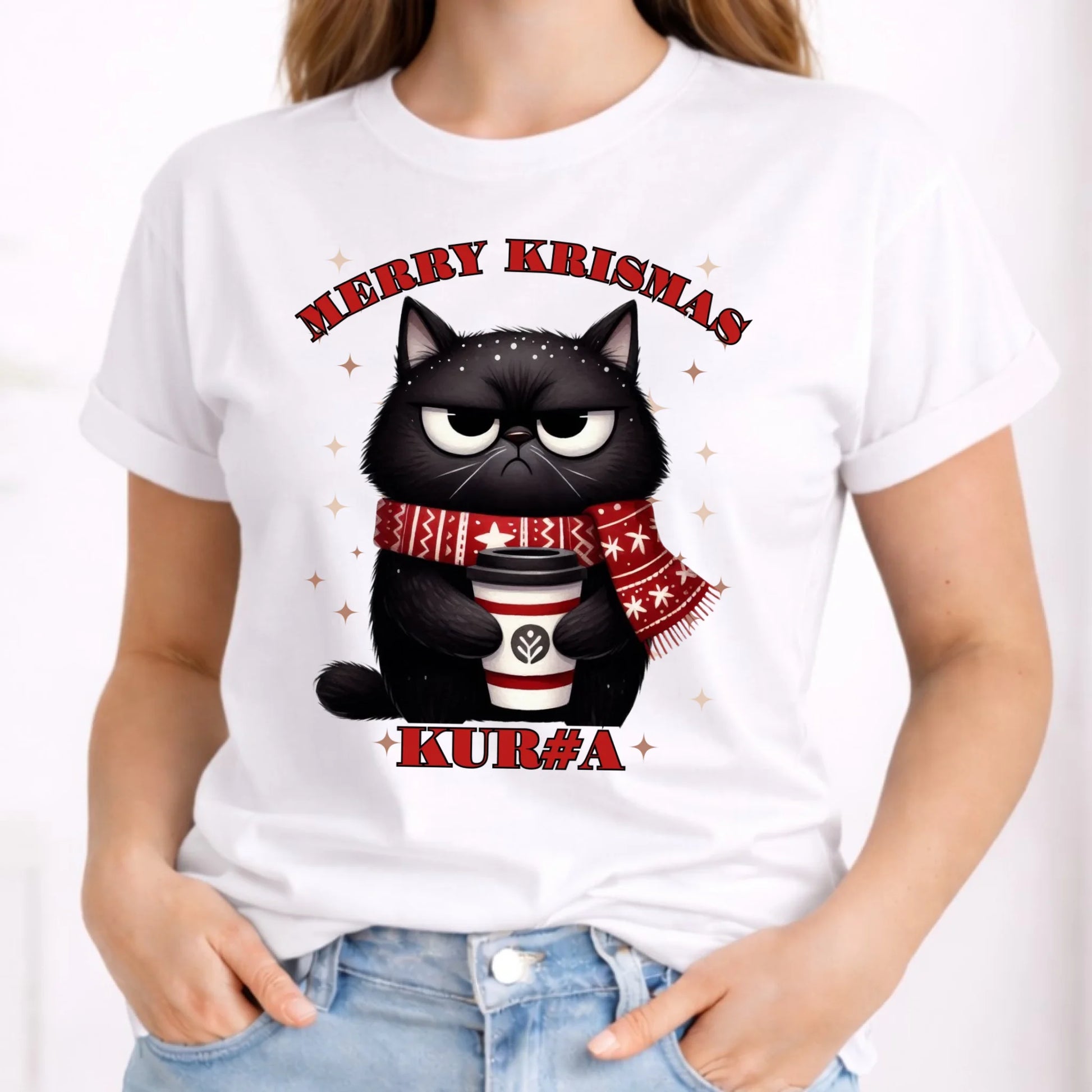 Koszulka damska świąteczna - Zburczany kot Merry Krismas kur#a - bez cenzury BN34 - StoryCups.pl