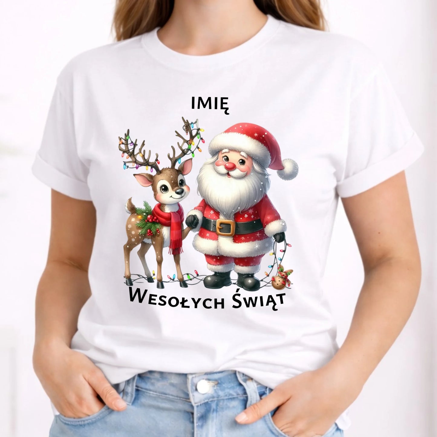 Koszulka damska świąteczna - Mikołaj z reniferem - personalizowana BN09 - StoryCups.pl