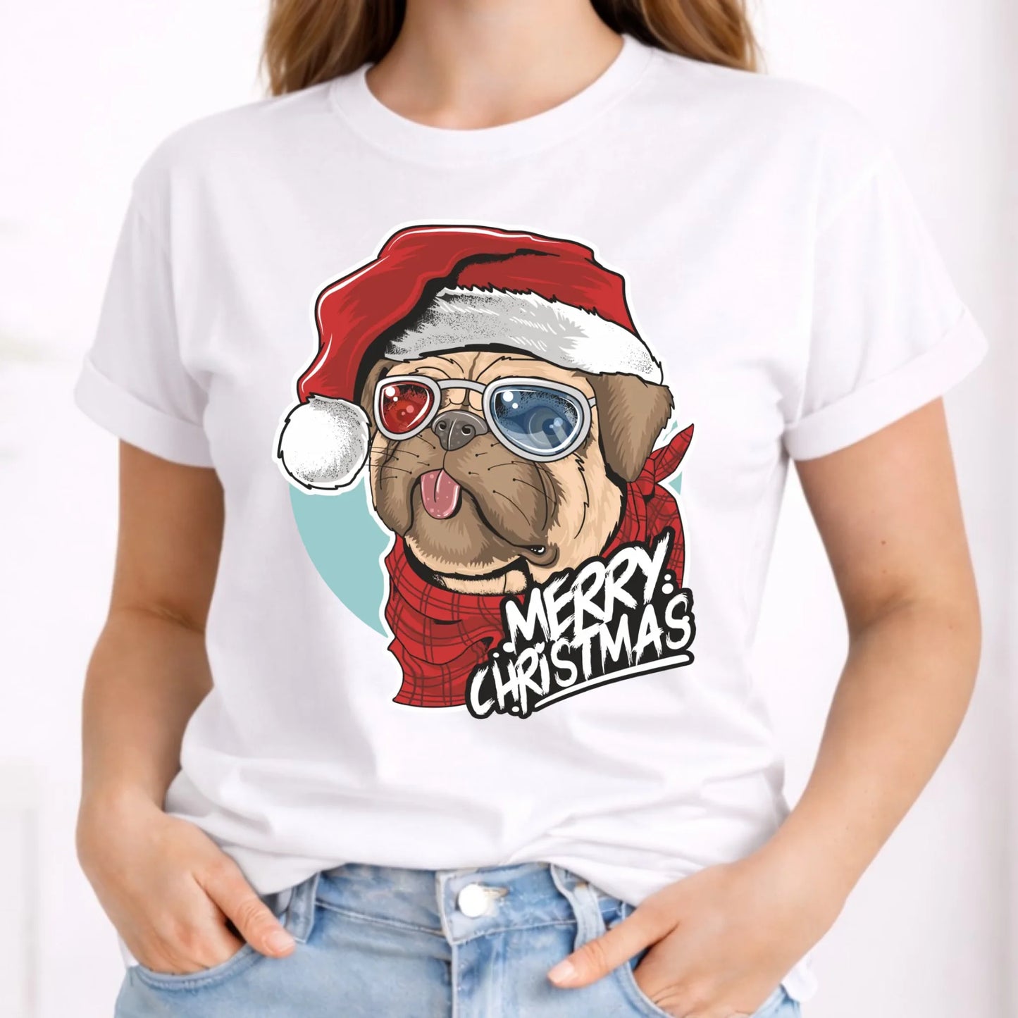 Koszulka damska świąteczna - Mops Merry Christmas BN62 - StoryCups.pl