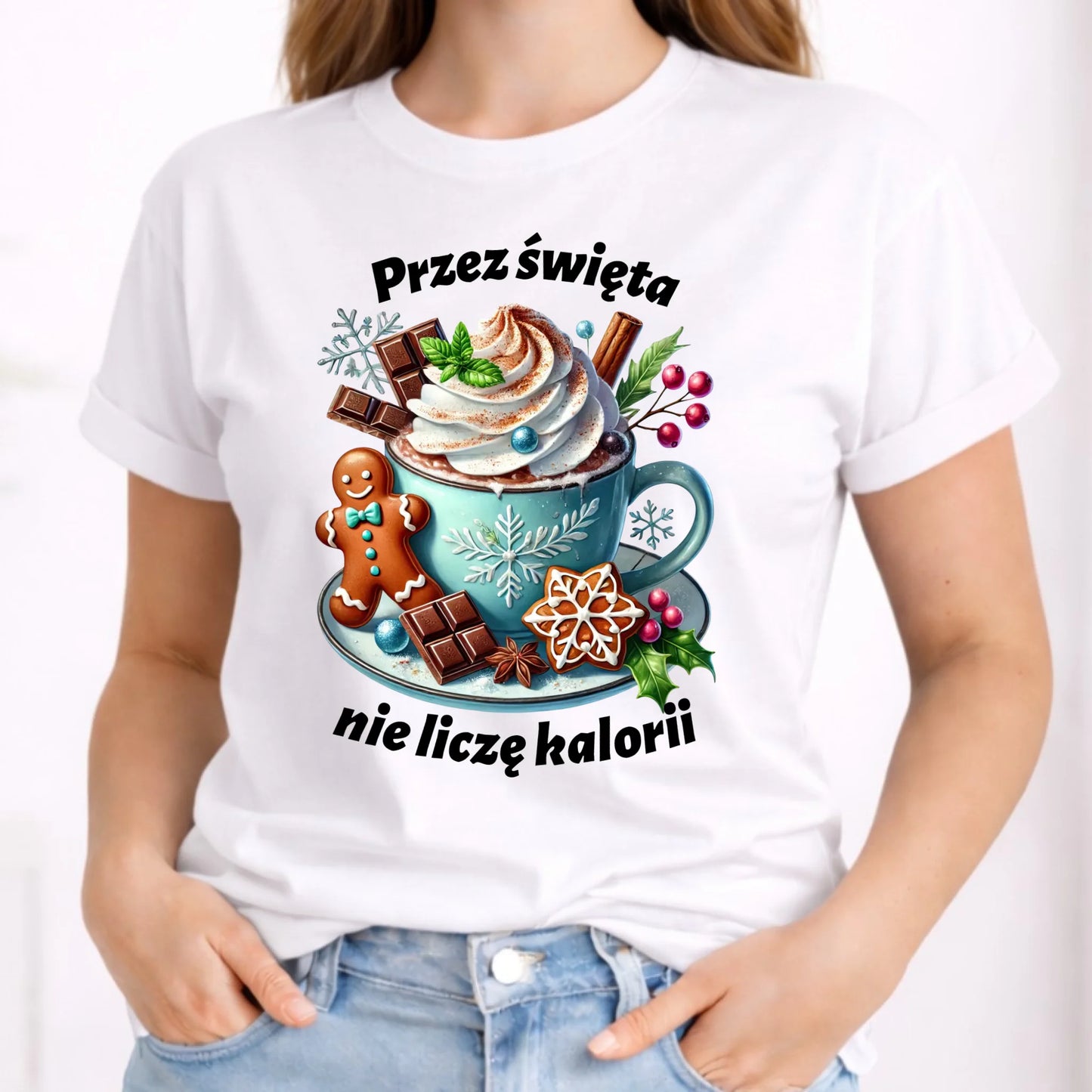 Koszulka damska świąteczna - Przez święta nie liczę kalorii BN31 - StoryCups.pl