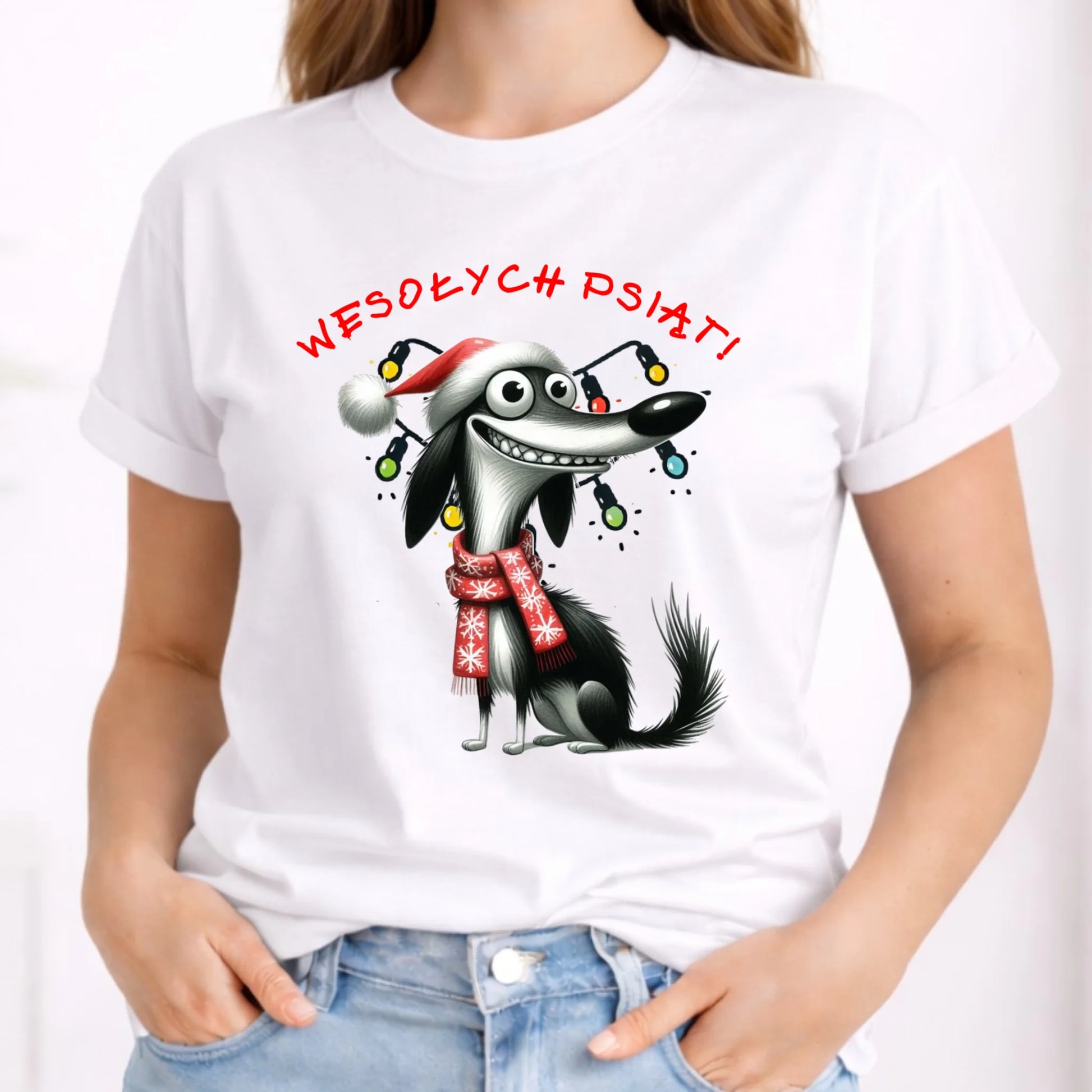 Koszulka damska świąteczna - Pies Wesołych psiąt BN140 - StoryCups.pl