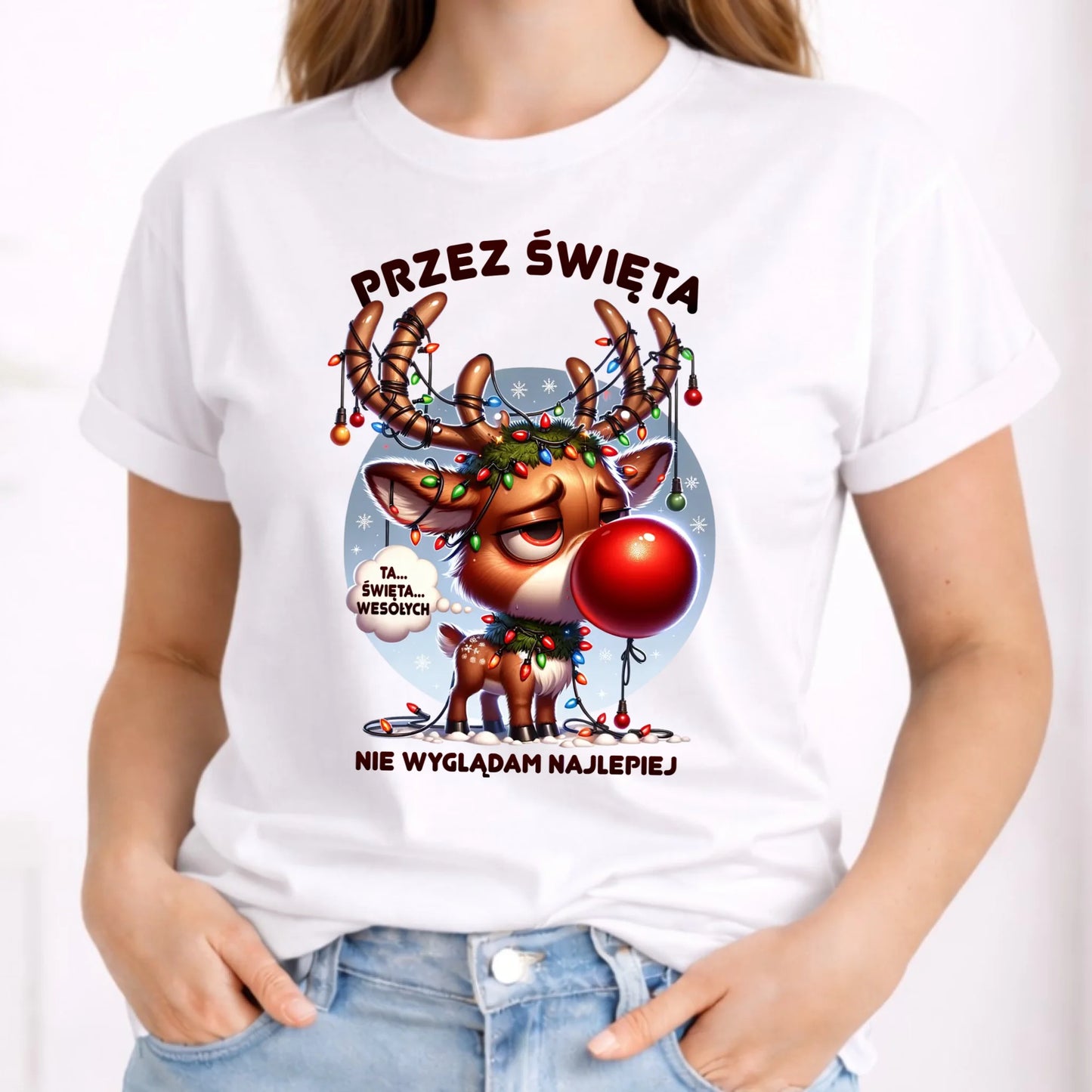 Koszulka damska świąteczna - Renifer Przez święta nie wyglądam najlepiej BN98 - StoryCups.pl