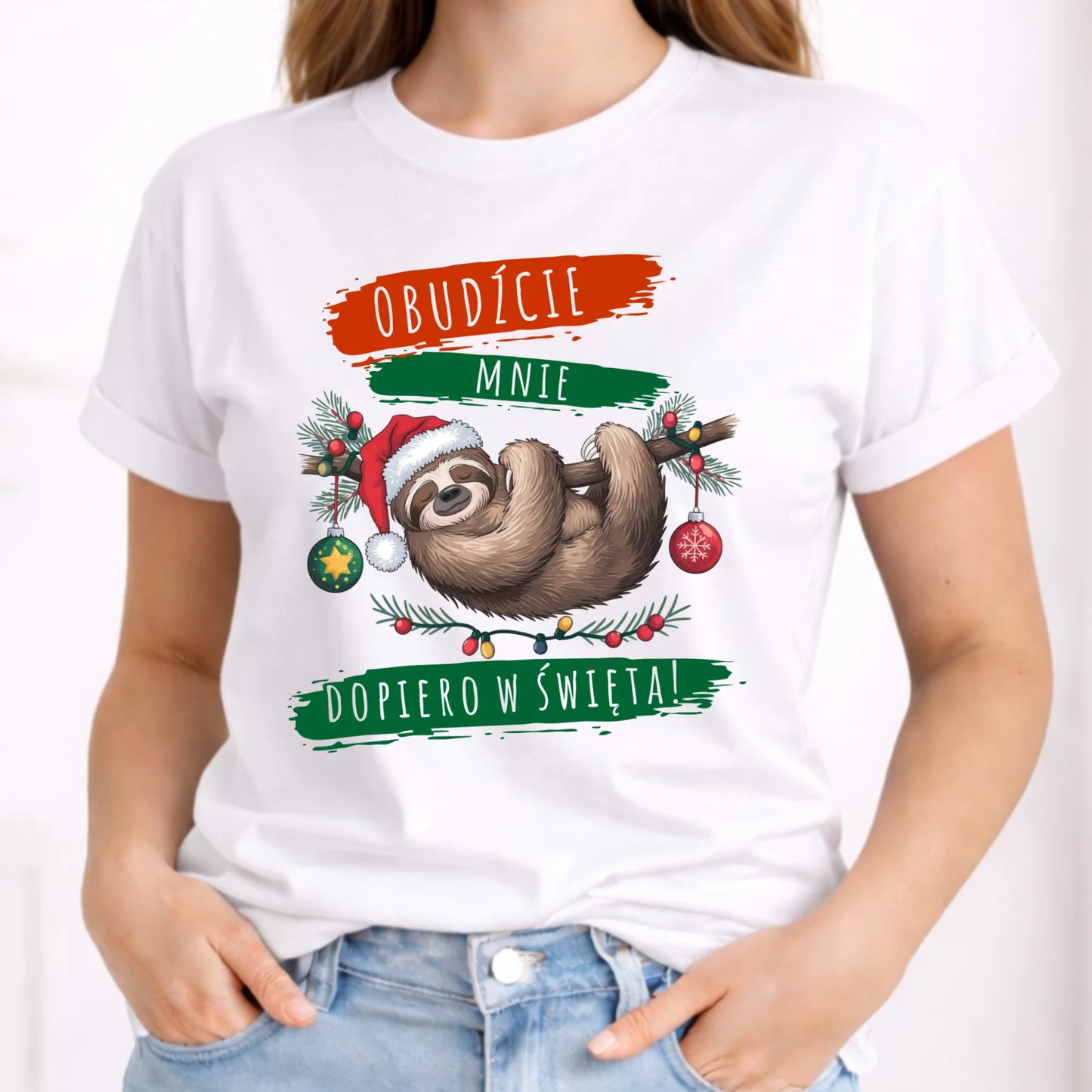 Koszulka damska świąteczna - Leniwiec - Obudźcie mnie dopiero w święta BN02 - StoryCups.pl