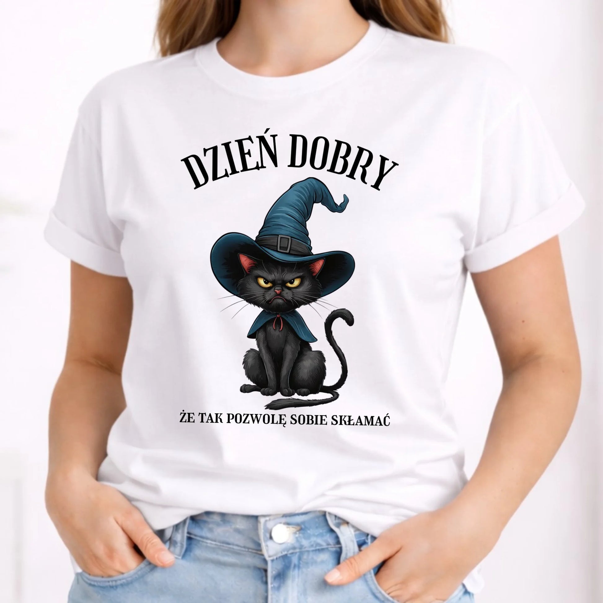 Koszulka damska na Halloween - Kot Czarownicy - Dzień dobry, że tak skłamię HL27 - StoryCups.pl