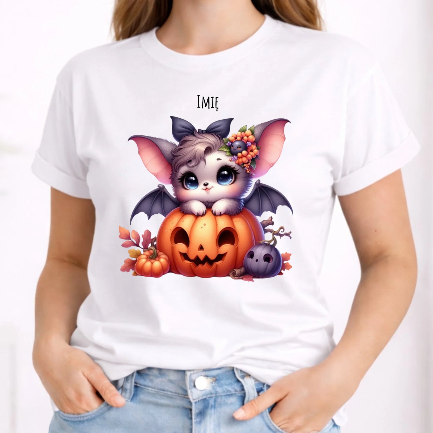 Koszulka damska halloweenowa - Uroczy nietoperz z dynią - personalizowana HL08 - StoryCups.pl