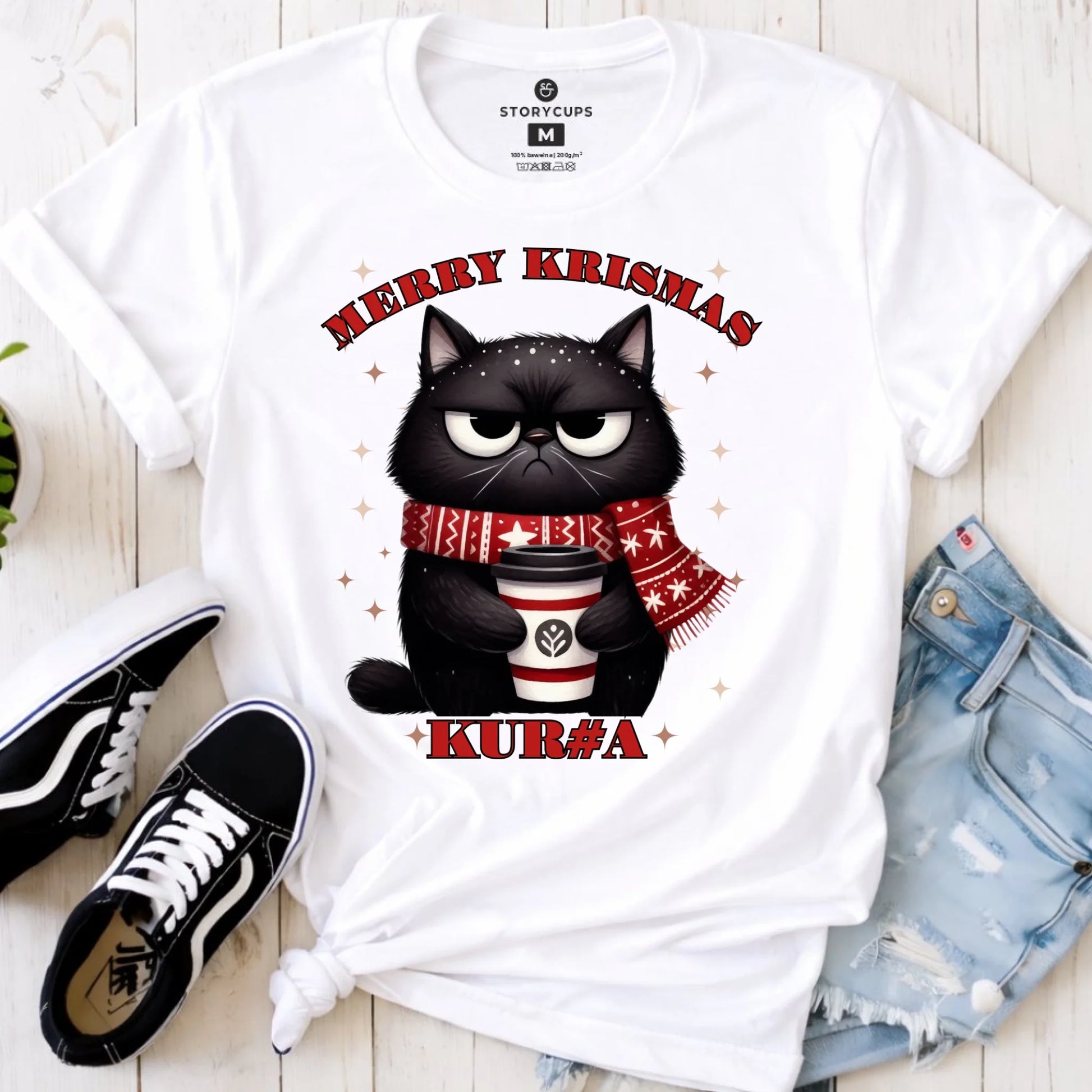 Koszulka damska świąteczna - Zburczany kot Merry Krismas kur#a - bez cenzury BN34 - StoryCups.pl