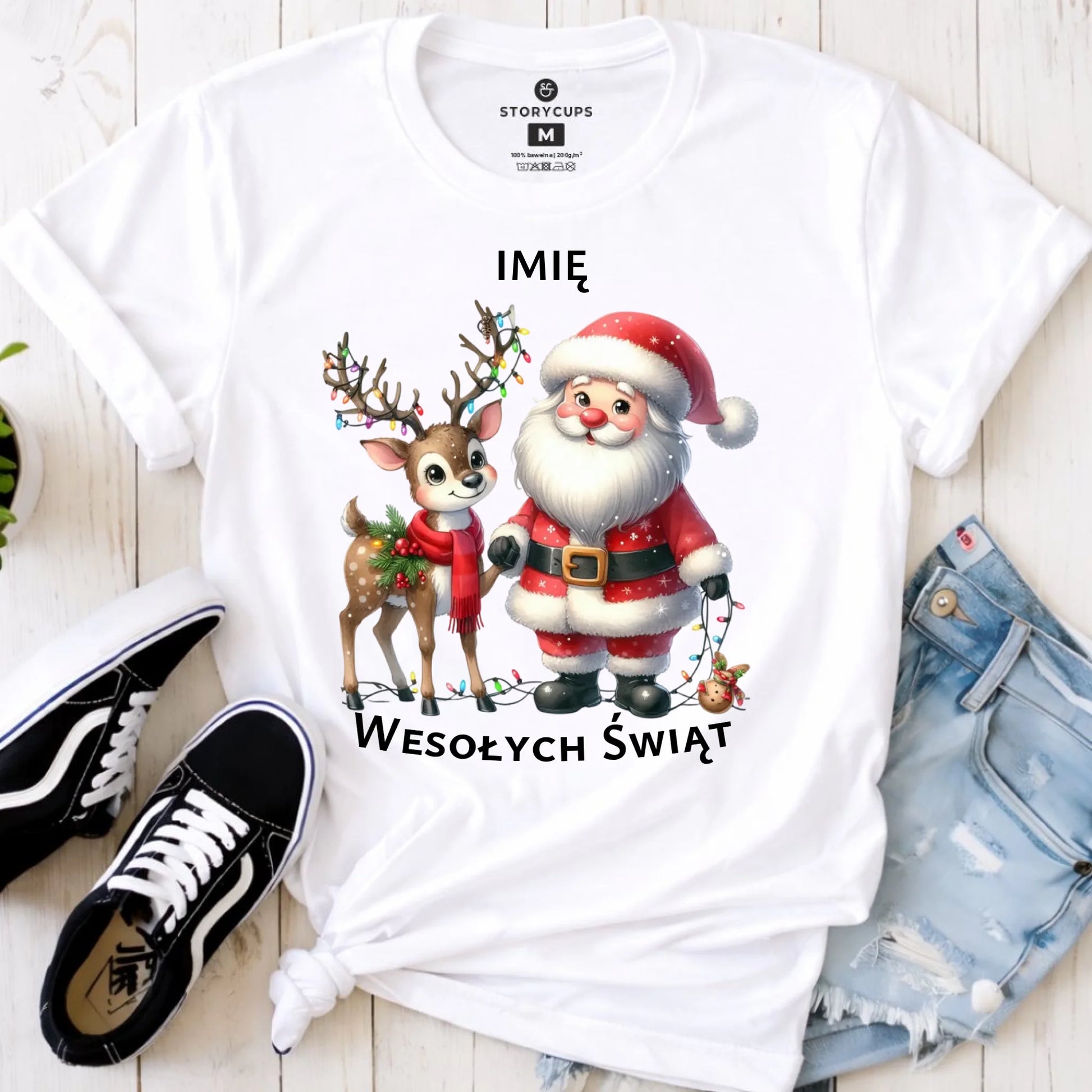 Koszulka damska świąteczna - Mikołaj z reniferem - personalizowana BN09 - StoryCups.pl