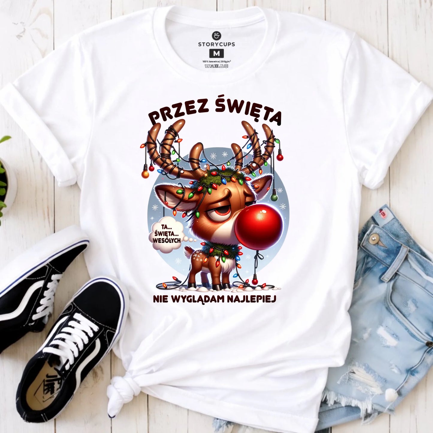 Koszulka damska świąteczna - Renifer Przez święta nie wyglądam najlepiej BN98 - StoryCups.pl