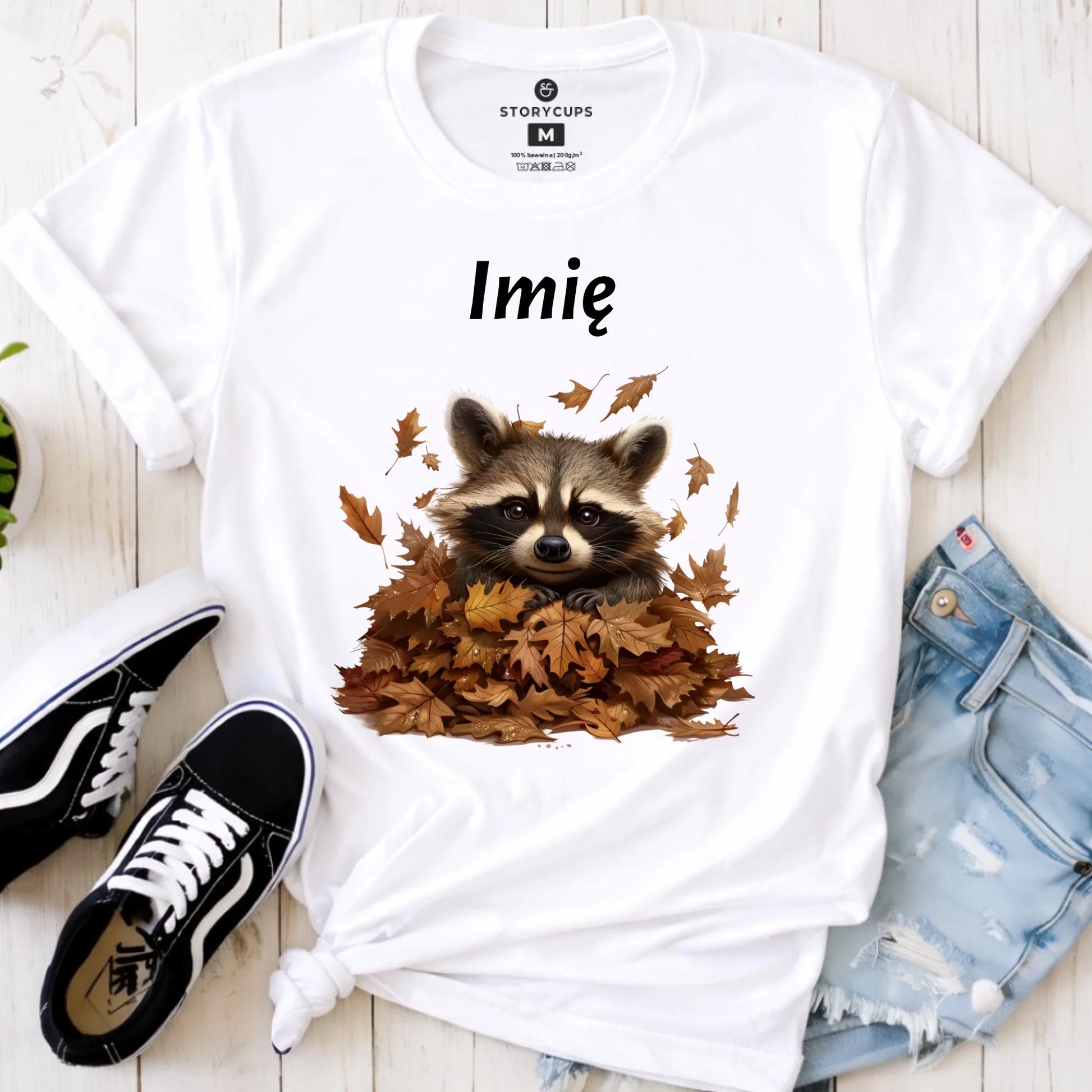 Koszulka damska jesienna - Szop w liściach - personalizowana JS24 - StoryCups.pl
