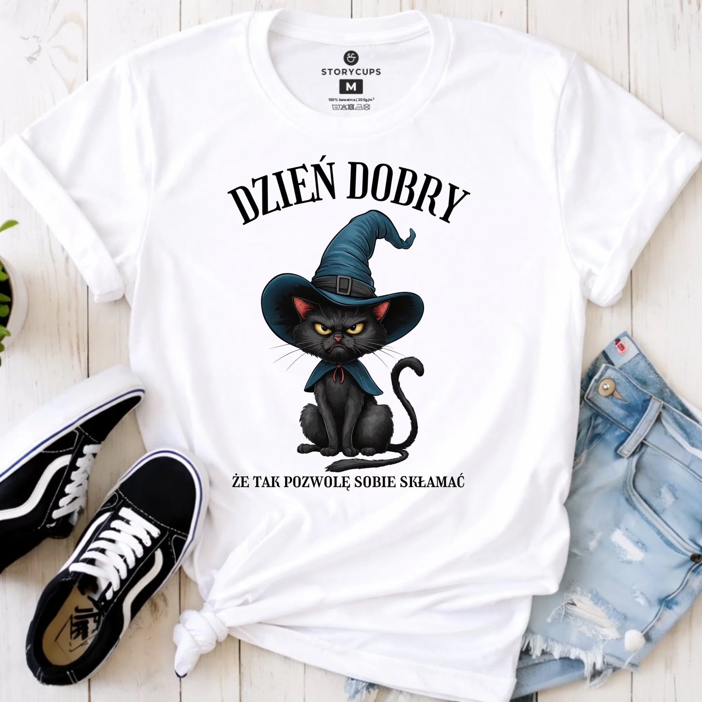Koszulka damska na Halloween - Kot Czarownicy - Dzień dobry, że tak skłamię HL27 - StoryCups.pl