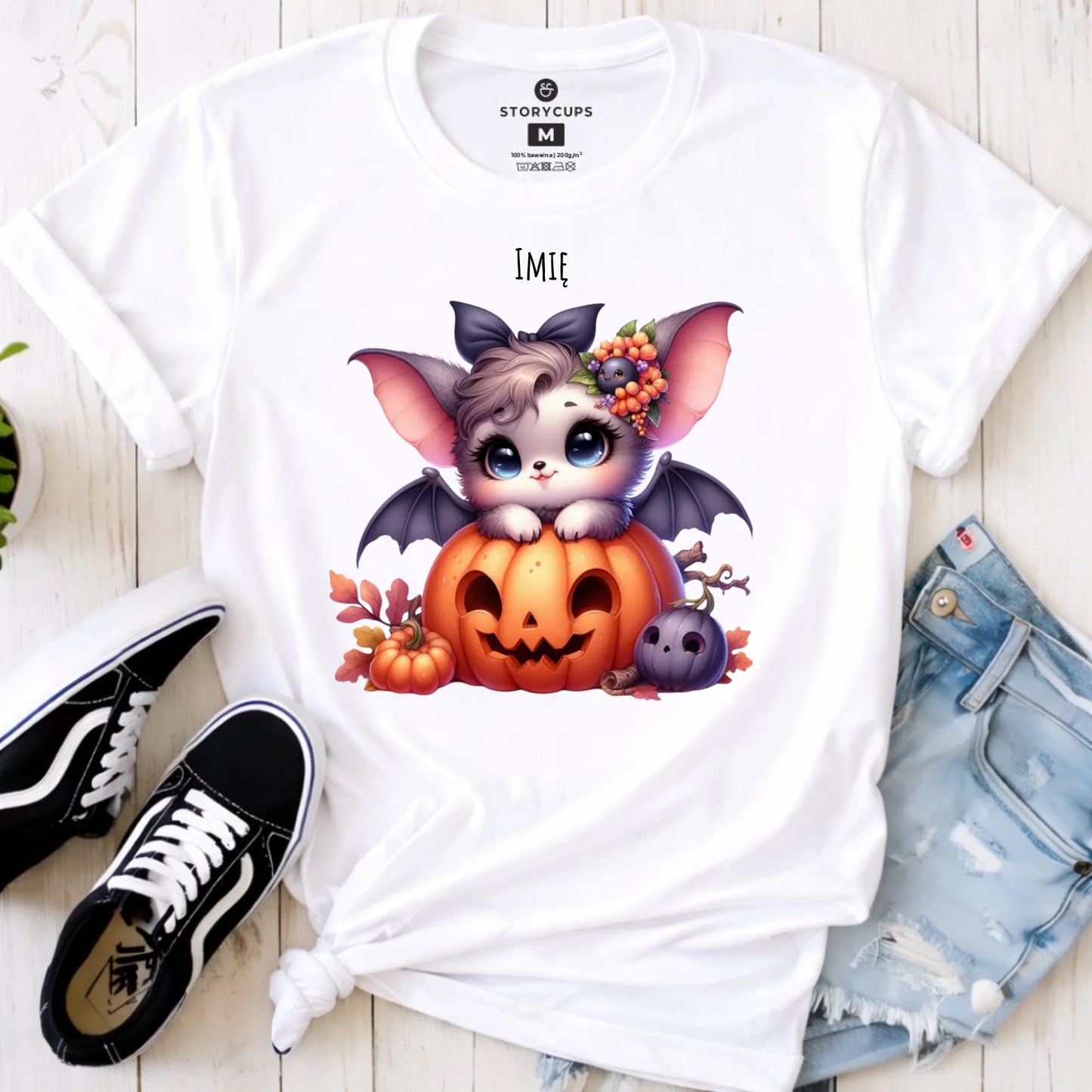 Koszulka damska halloweenowa - Uroczy nietoperz z dynią - personalizowana HL08 - StoryCups.pl