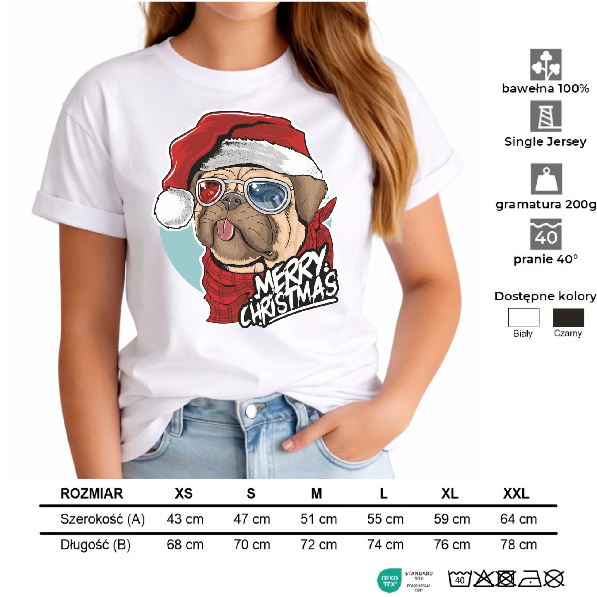 Koszulka damska świąteczna - Mops Merry Christmas BN62 - StoryCups.pl