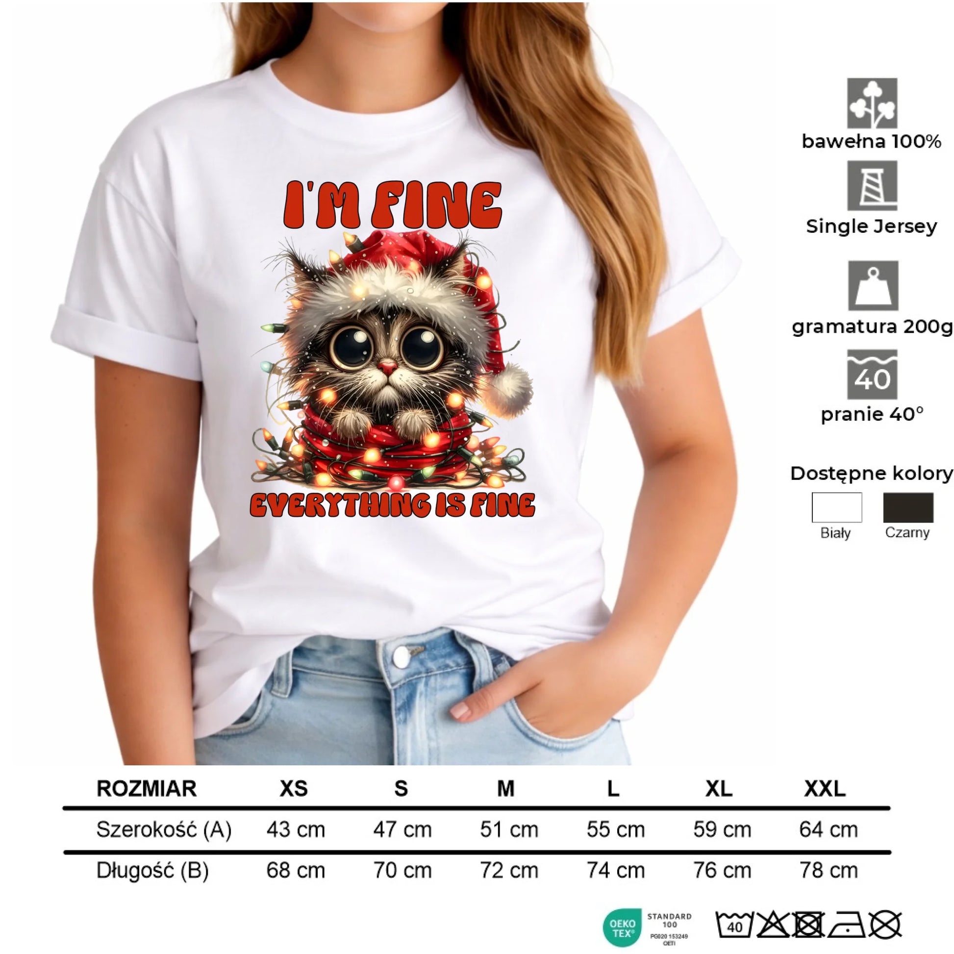 Koszulka damska świąteczna - Kotek I'm fine everything is fine BN67 - StoryCups.pl
