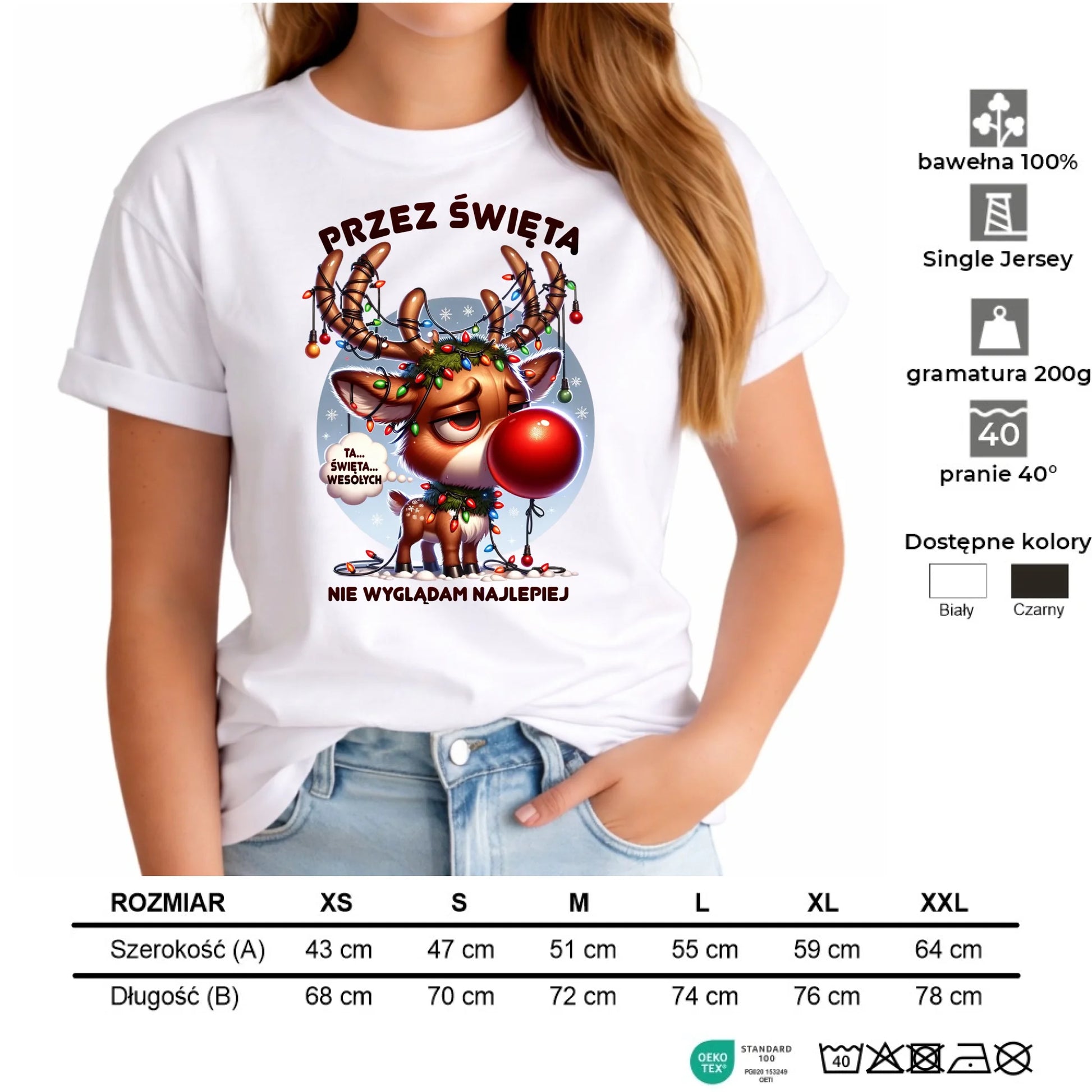 Koszulka damska świąteczna - Renifer Przez święta nie wyglądam najlepiej BN98 - StoryCups.pl