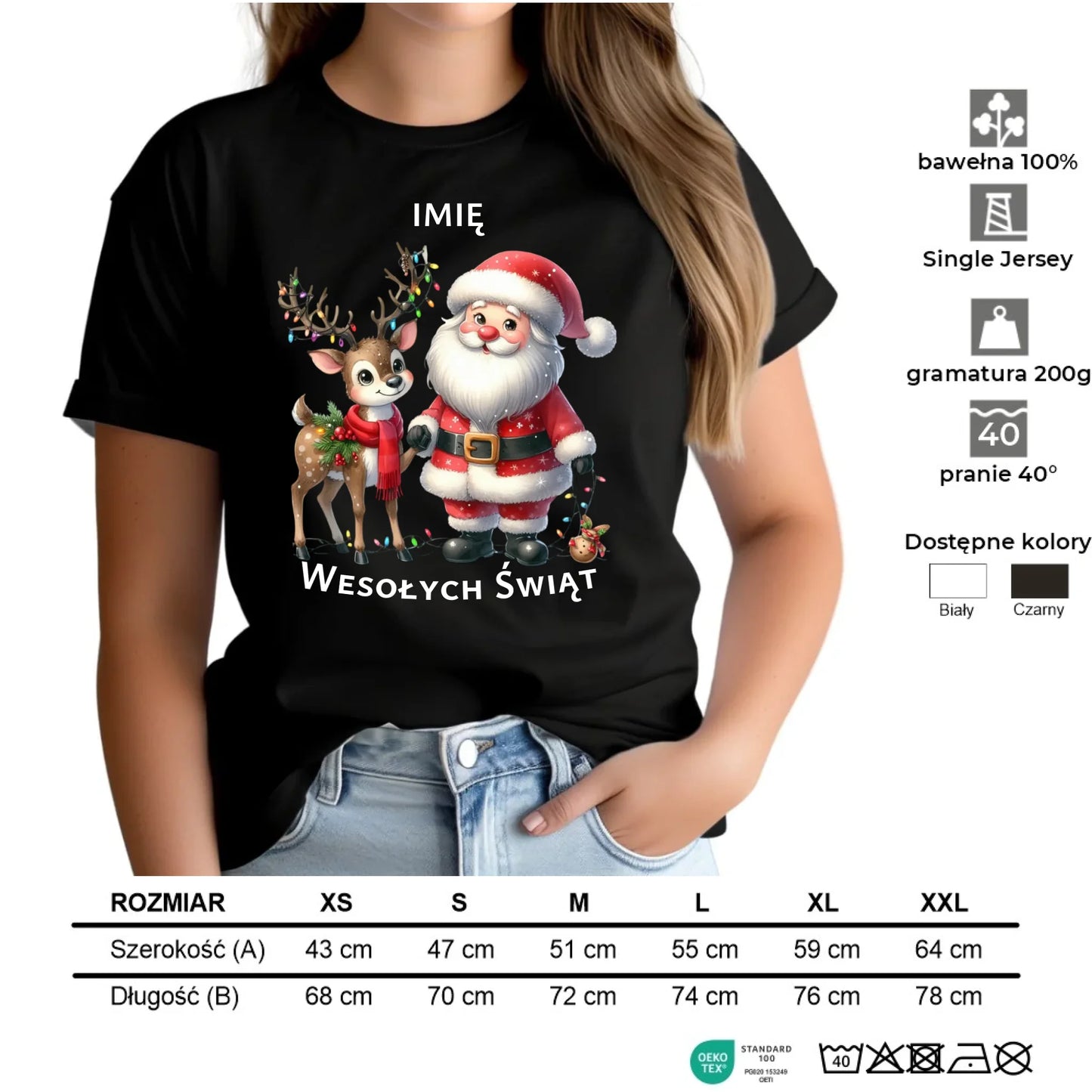 Koszulka damska świąteczna - Mikołaj z reniferem - personalizowana BN09 - StoryCups.pl