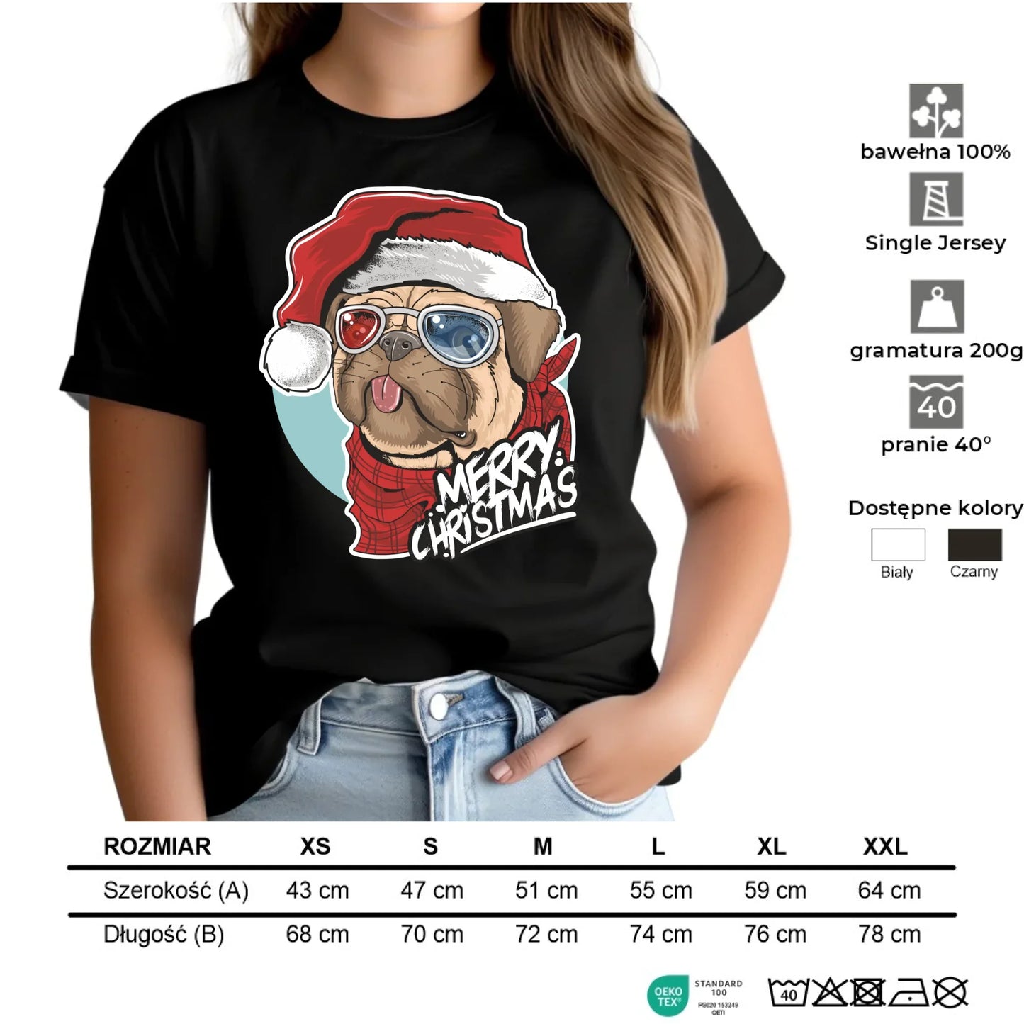 Koszulka damska świąteczna - Mops Merry Christmas BN62 - StoryCups.pl