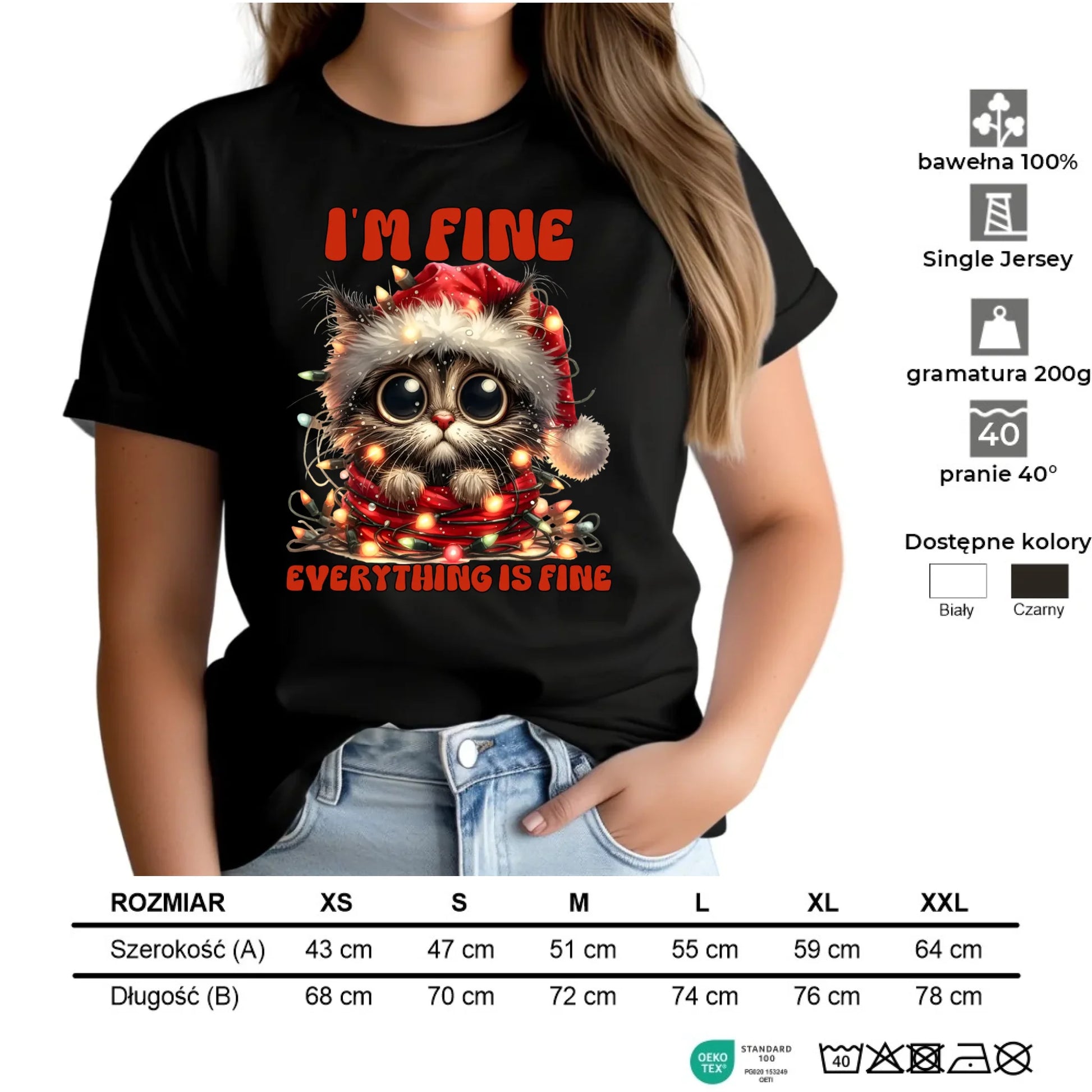 Koszulka damska świąteczna - Kotek I'm fine everything is fine BN67 - StoryCups.pl