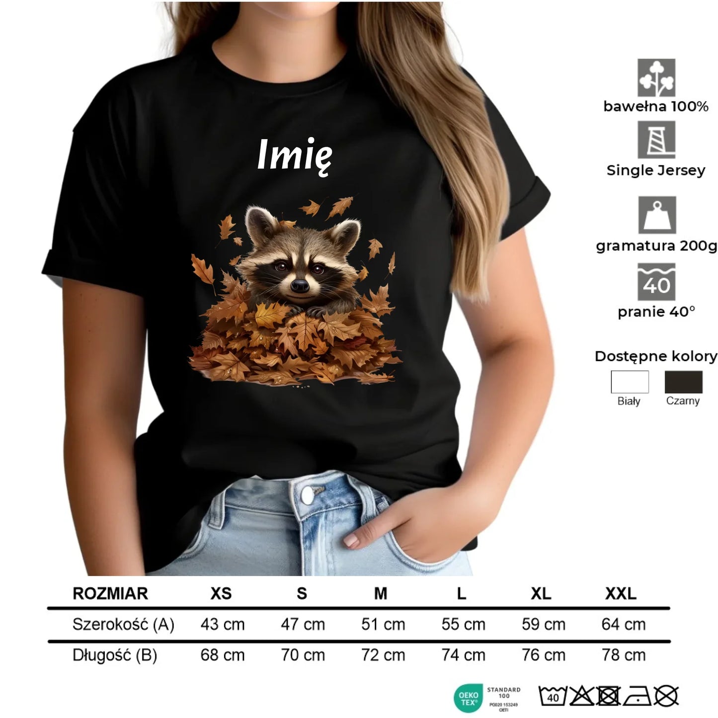 Koszulka damska jesienna - Szop w liściach - personalizowana JS24 - StoryCups.pl