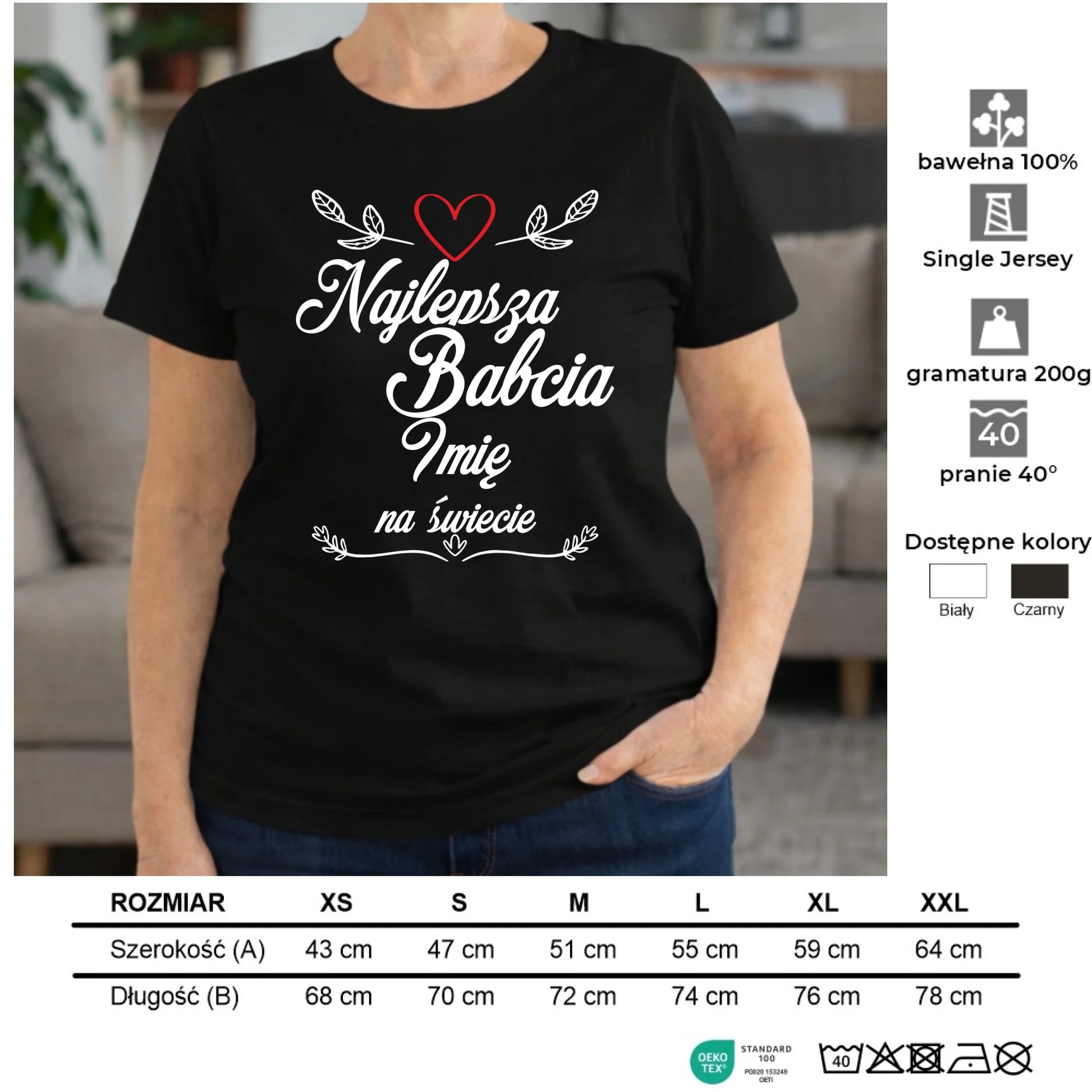 Koszulka dla babci - Najlepsza Babcia na Świecie - personalizowana B12 - StoryCups.pl