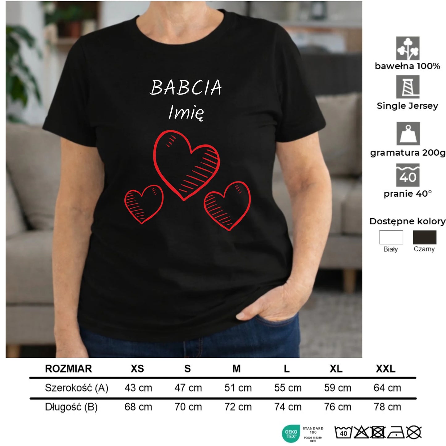 Koszulka dla babci - Serca - personalizowana B01 - StoryCups.pl