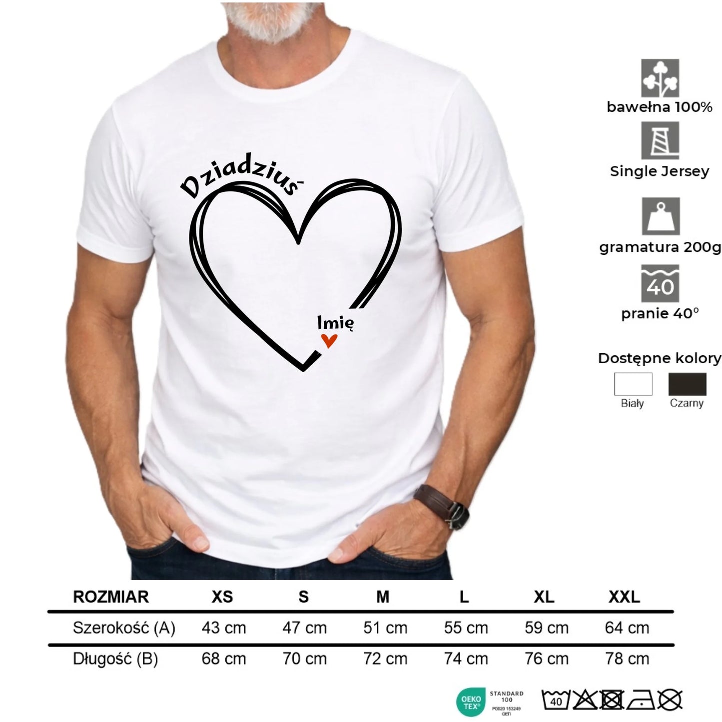 Koszulka dla dziadka - Serce z imionami wnuków 1-7 - personalizowana D26 - StoryCups.pl