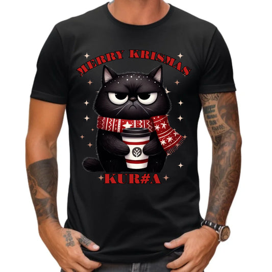 Koszulka męska świąteczna - Zburczany kot Merry Krismas kur#a - bez cenzury BN34