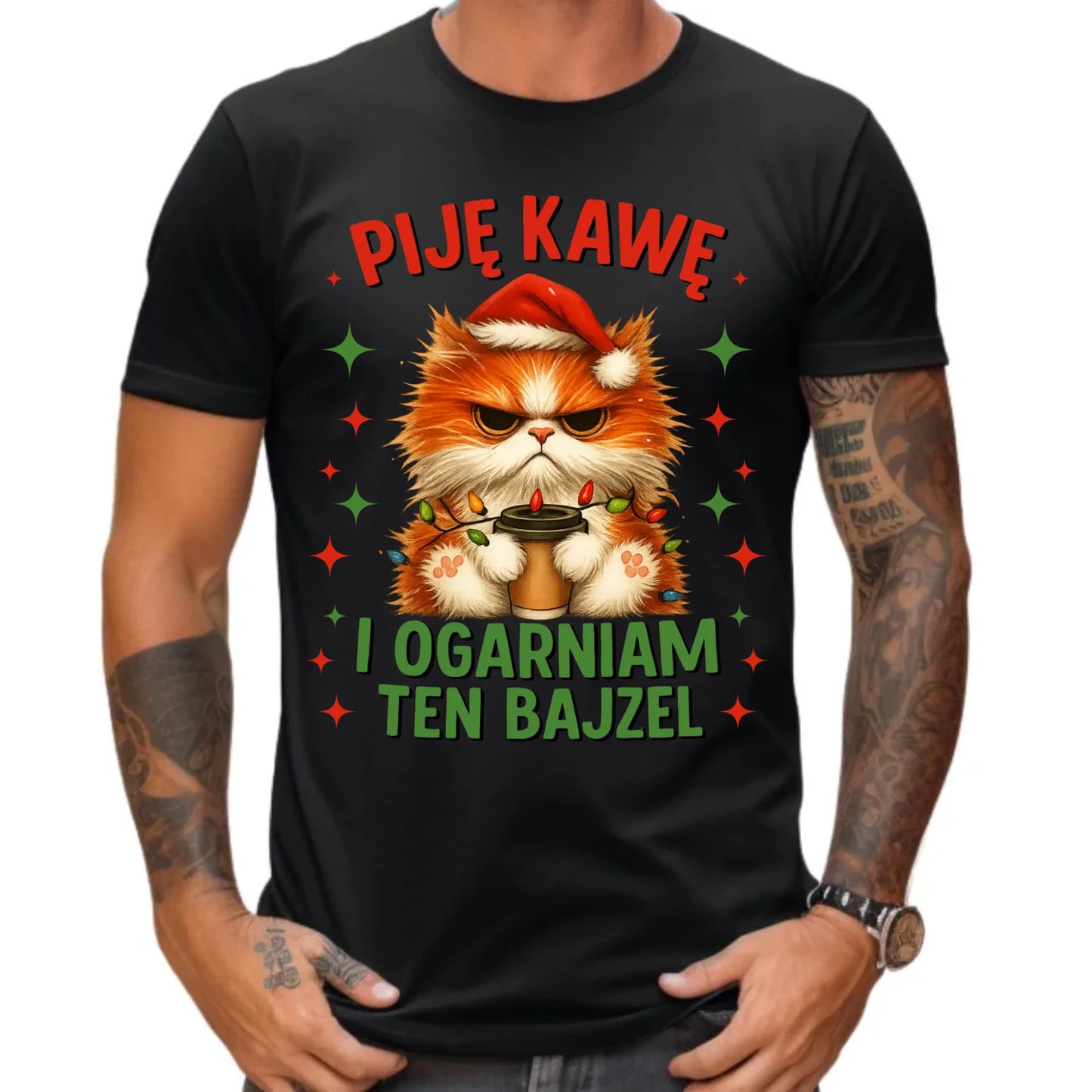 Koszulka męska świąteczna - Kot Piję kawę i ogarniam ten bajzel BN39