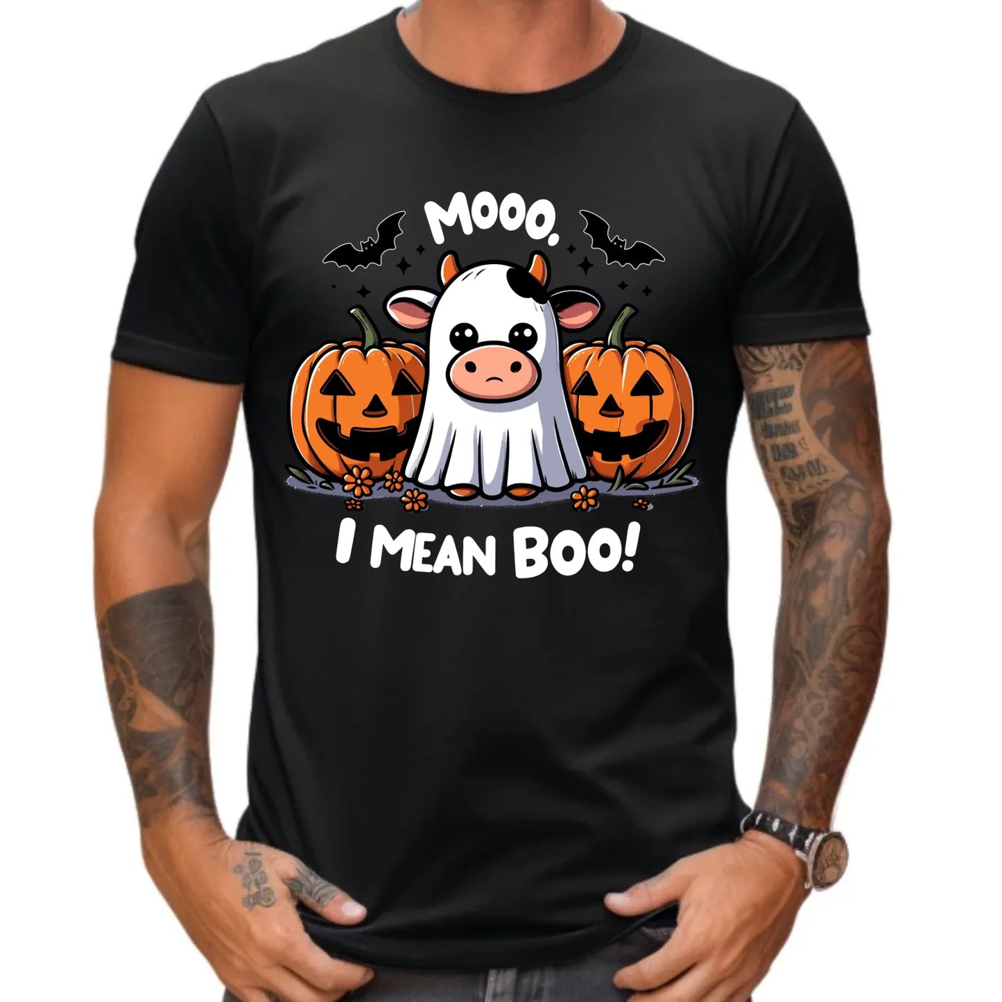 Koszulka męska na Halloween - Mooo I mean Boo! - z dynią i duchem HL14