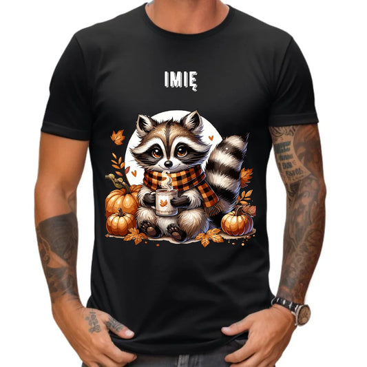 Koszulka męska jesienna – Szop z kawą i dyniami - personalizowana JS16