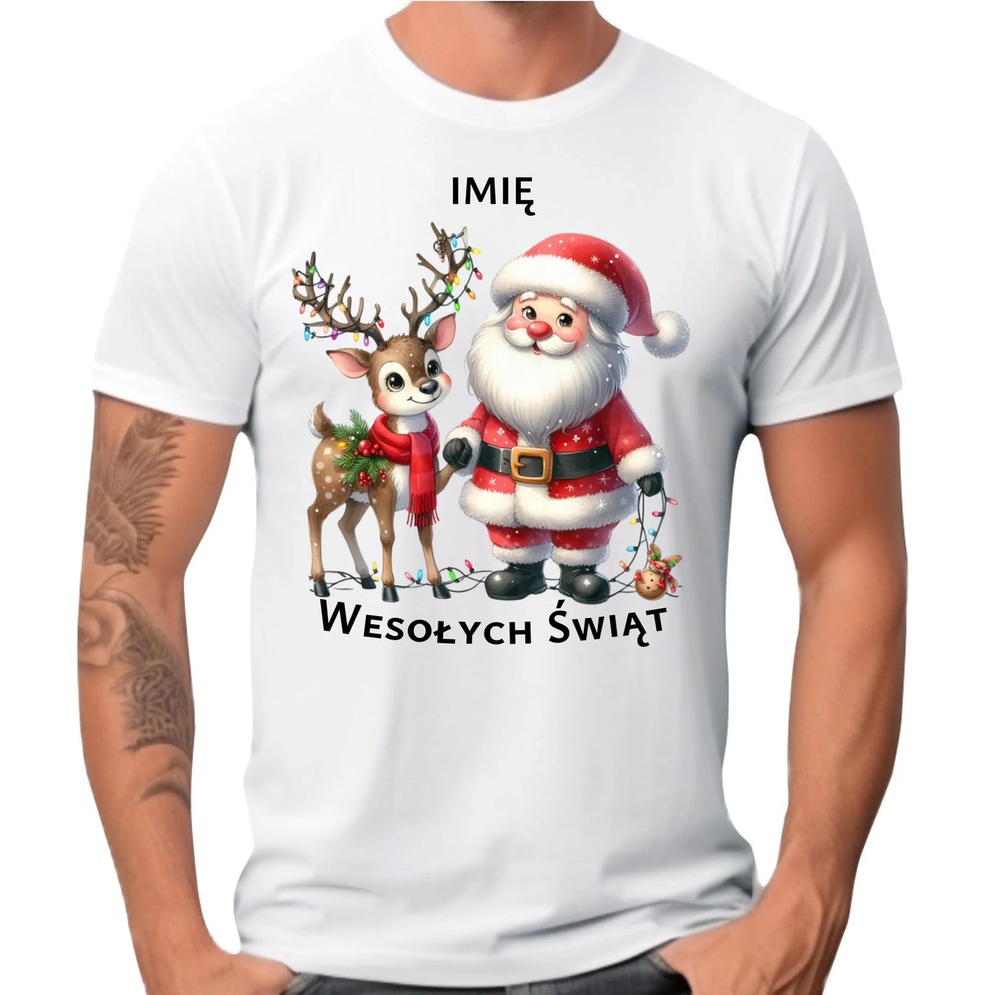 Koszulka męska świąteczna - Mikołaj z reniferem - personalizowana BN09