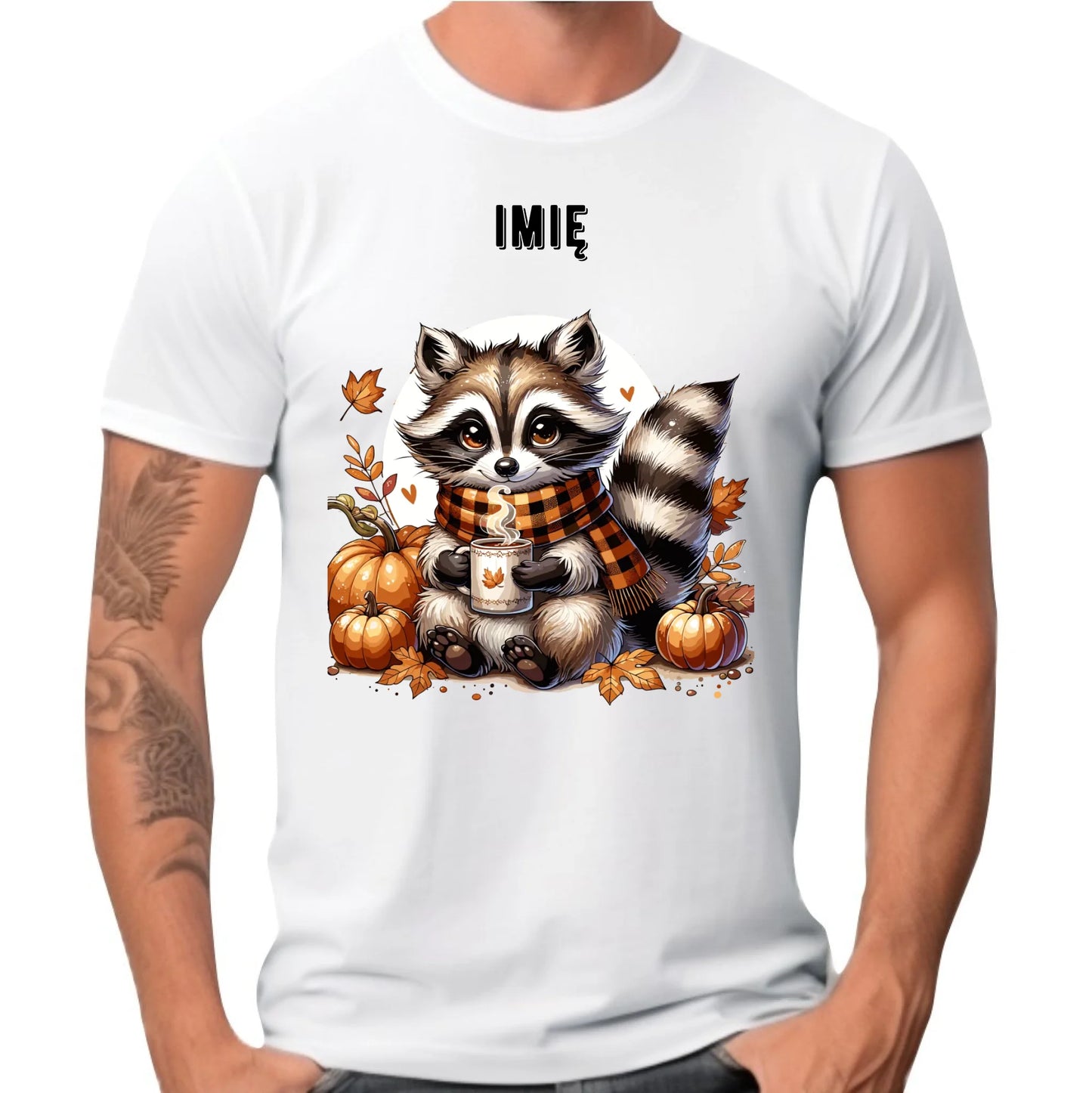 Koszulka męska jesienna – Szop z kawą i dyniami - personalizowana JS16