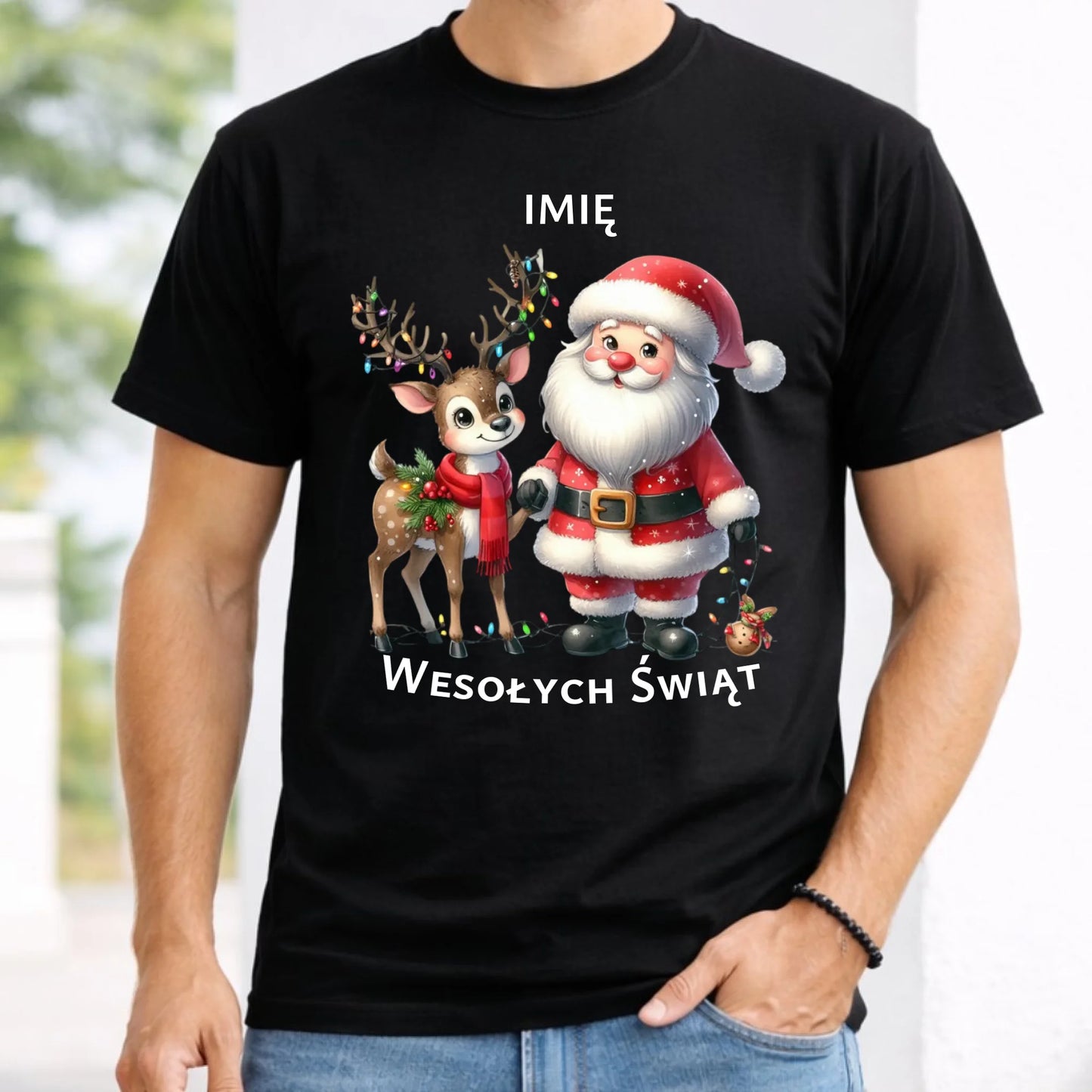 Koszulka męska świąteczna - Mikołaj z reniferem - personalizowana BN09
