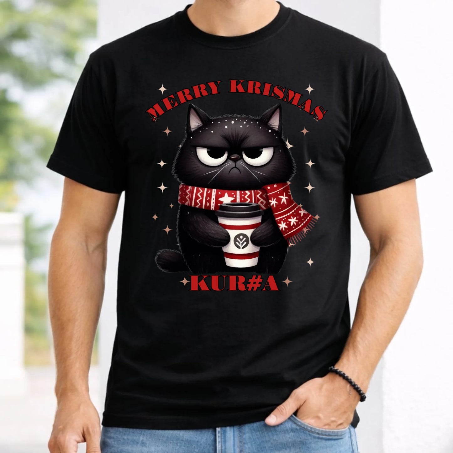 Koszulka męska świąteczna - Zburczany kot Merry Krismas kur#a - bez cenzury BN34