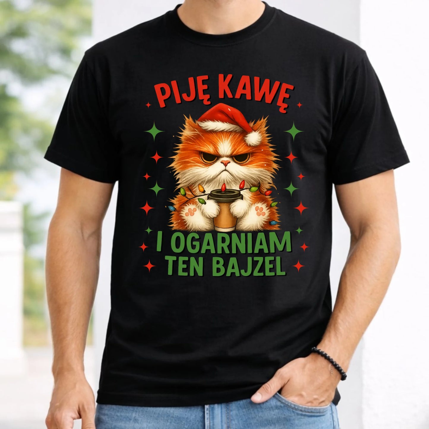 Koszulka męska świąteczna - Kot Piję kawę i ogarniam ten bajzel BN39