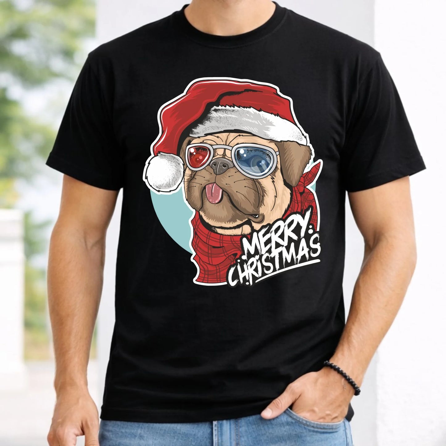 Koszulka męska świąteczna - Mops Merry Christmas BN62