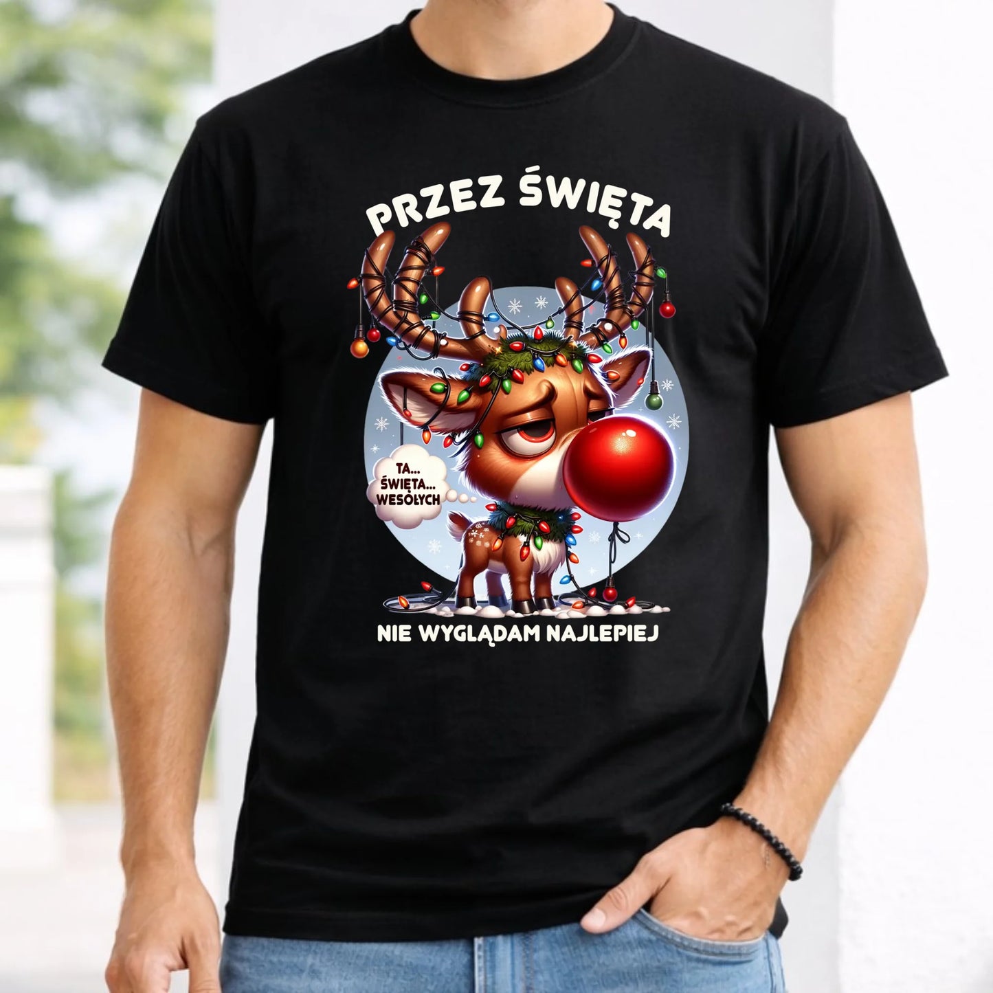 Koszulka męska świąteczna - Renifer Przez święta nie wyglądam najlepiej BN98