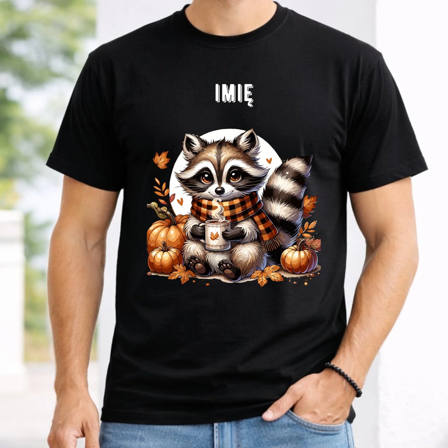 Koszulka męska jesienna – Szop z kawą i dyniami - personalizowana JS16