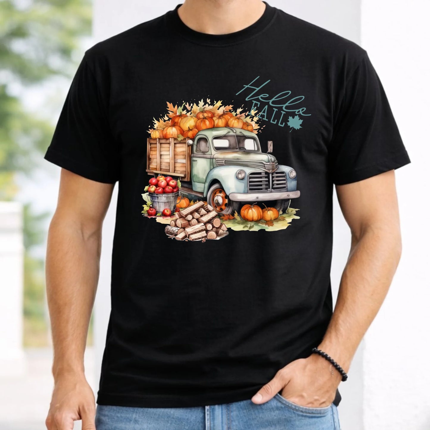 Koszulka męska jesienna – Hello Fall ciężarówka z dyniami JS08