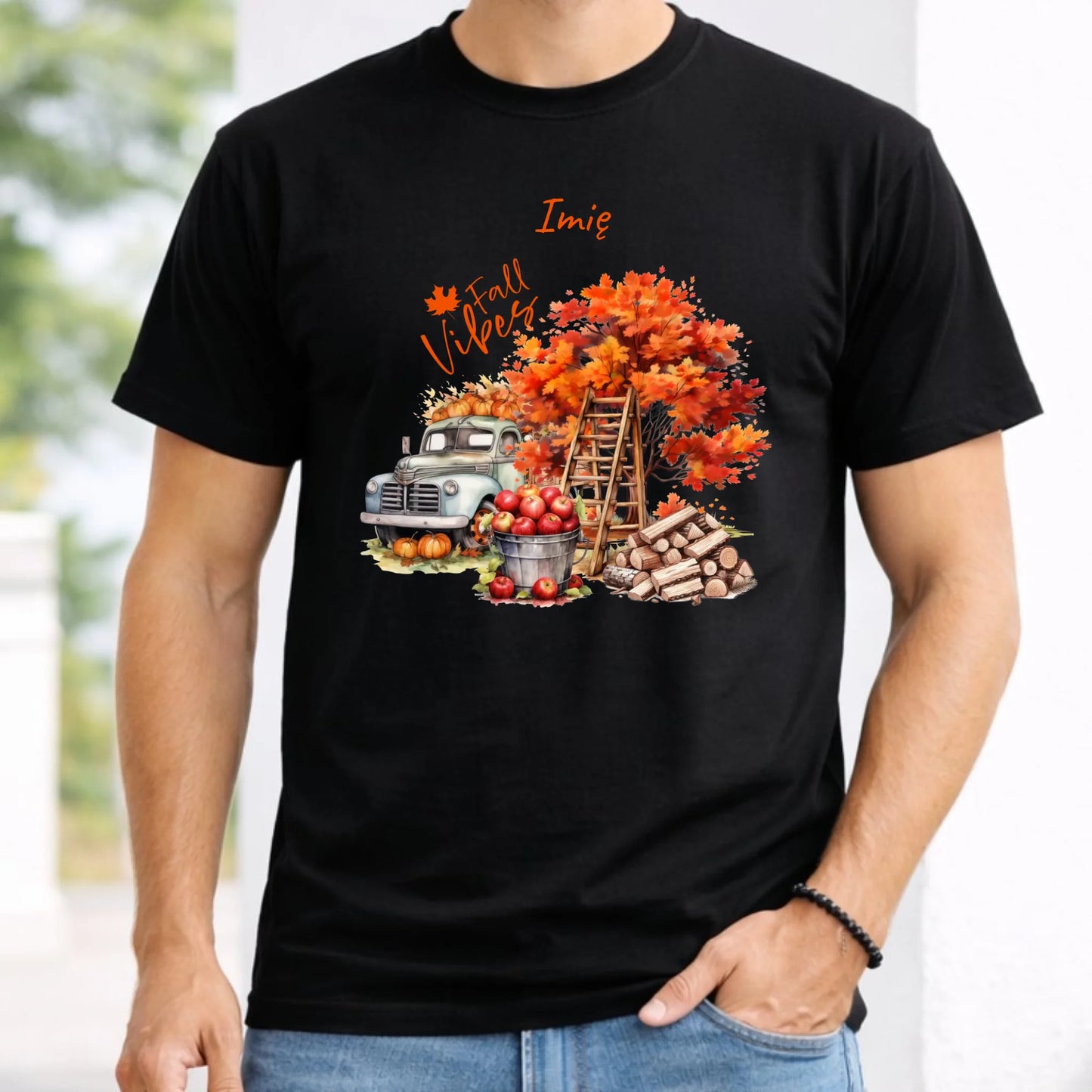 Koszulka męska jesienna – Vintage auto dynie i jabłka – personalizowana JS07
