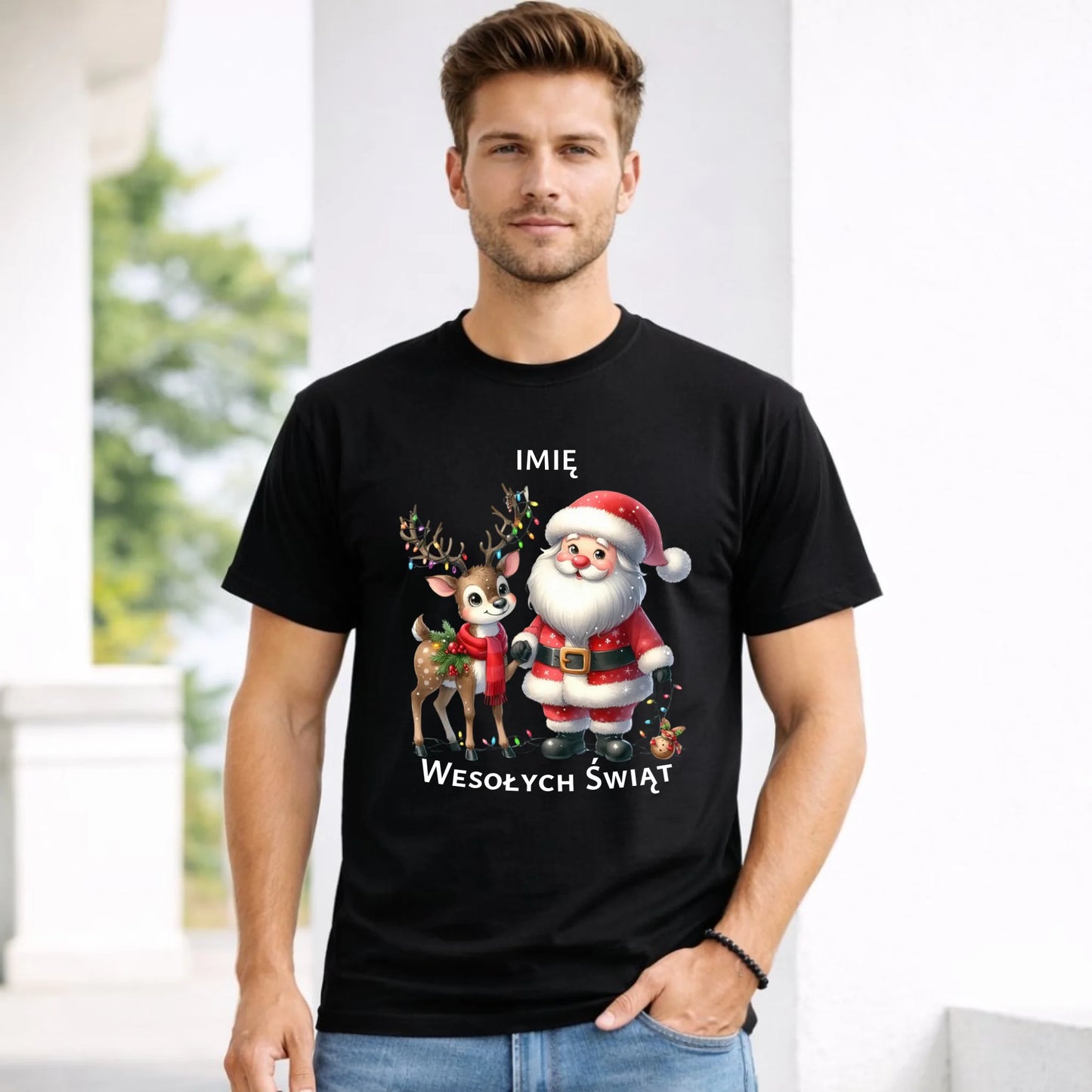 Koszulka męska świąteczna - Mikołaj z reniferem - personalizowana BN09