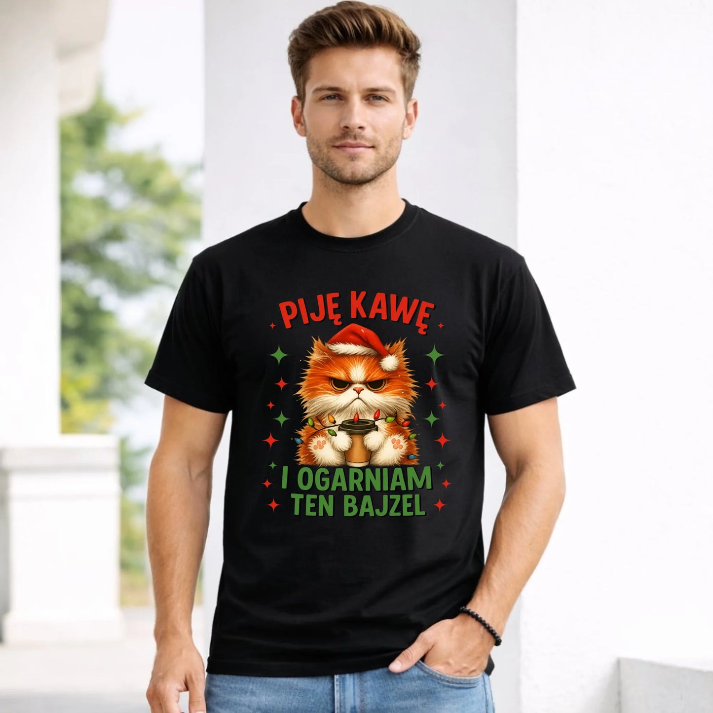 Koszulka męska świąteczna - Kot Piję kawę i ogarniam ten bajzel BN39