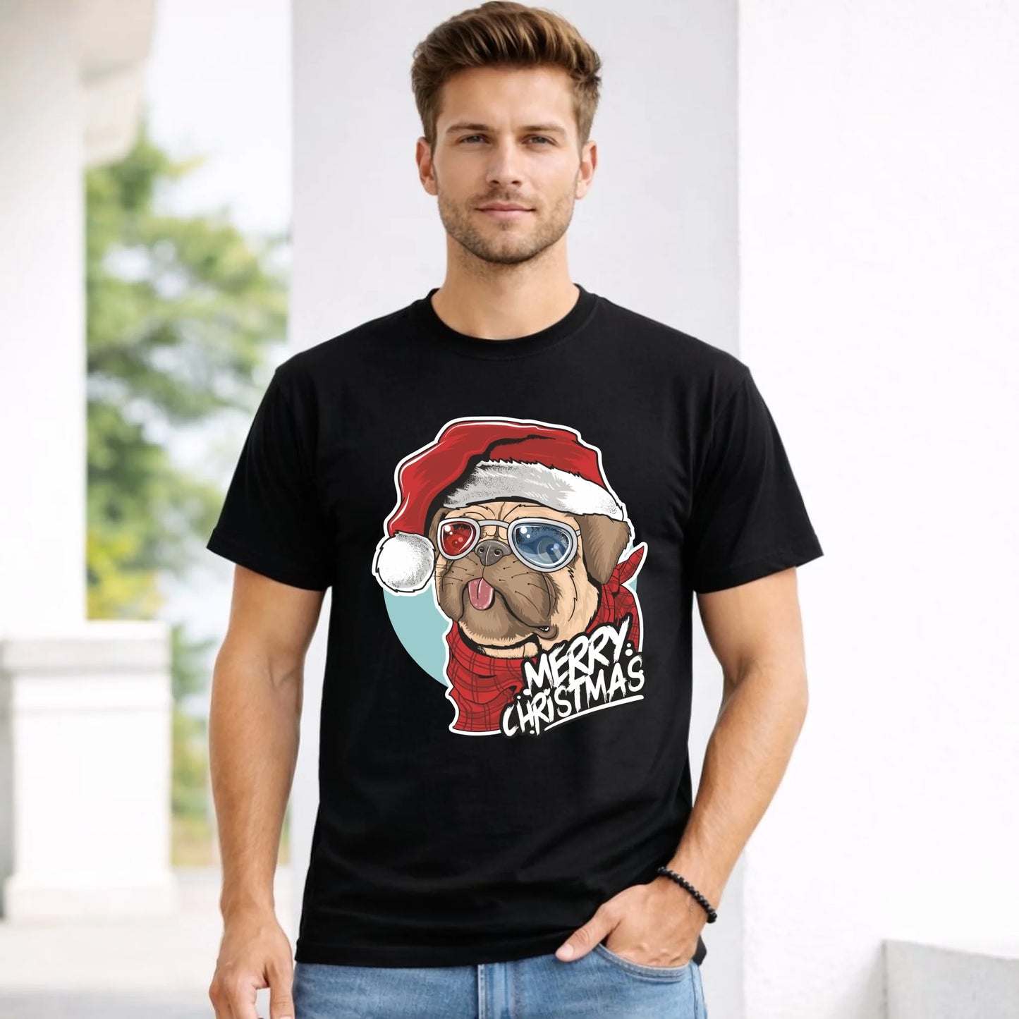 Koszulka męska świąteczna - Mops Merry Christmas BN62