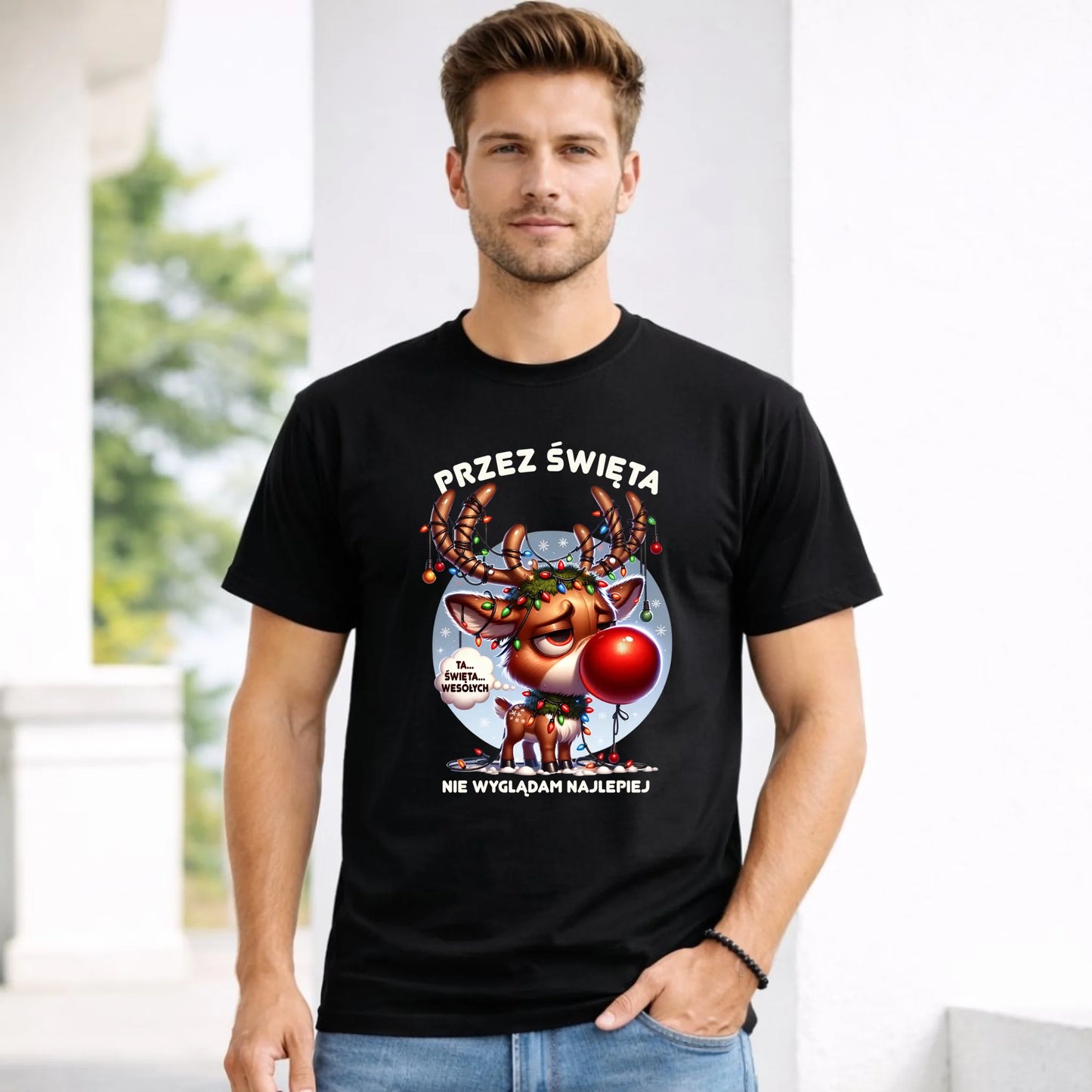 Koszulka męska świąteczna - Renifer Przez święta nie wyglądam najlepiej BN98