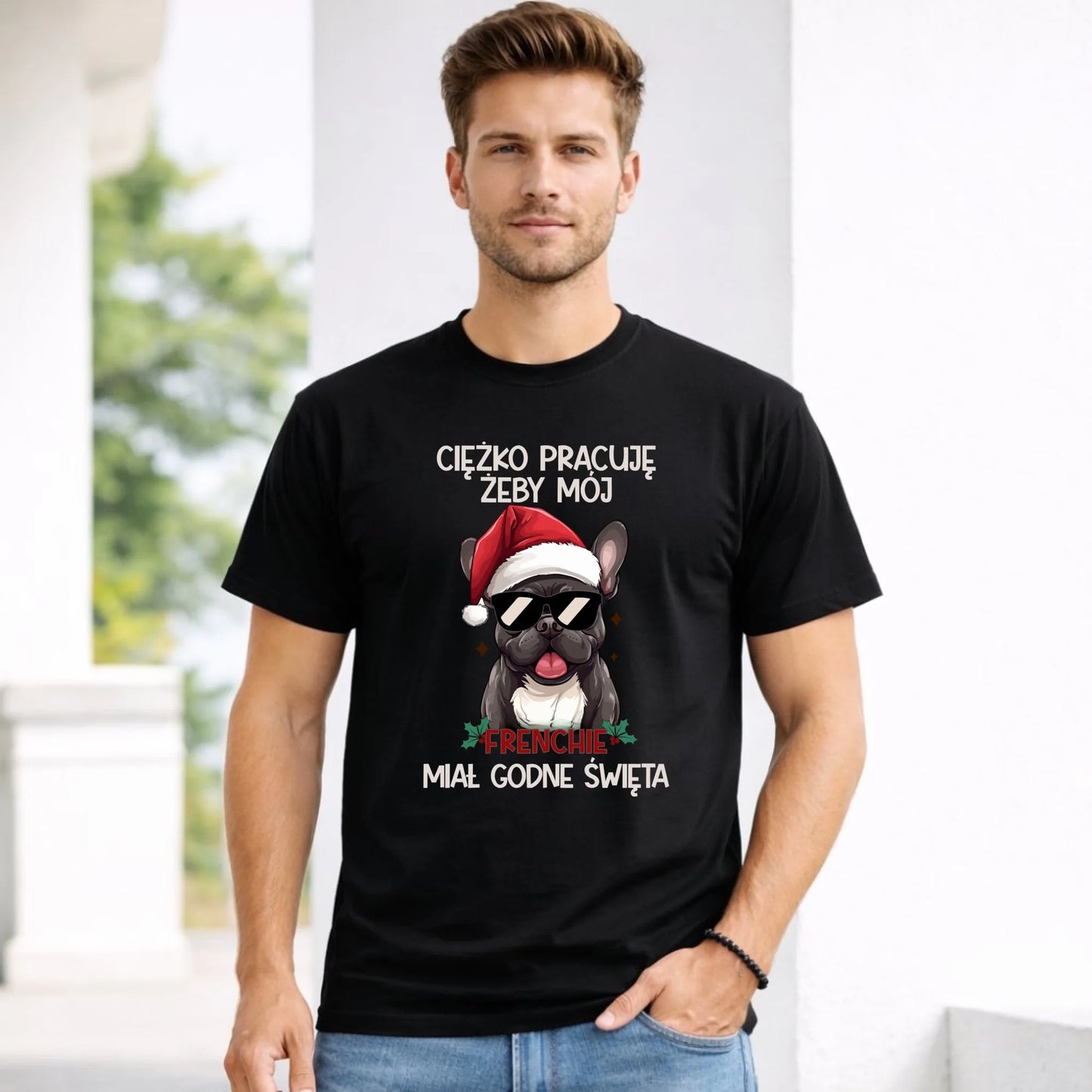 Koszulka męska świąteczna - Buldożek Francuski - Ciężko pracuję, żeby mój frenchie miał godne święta BN109