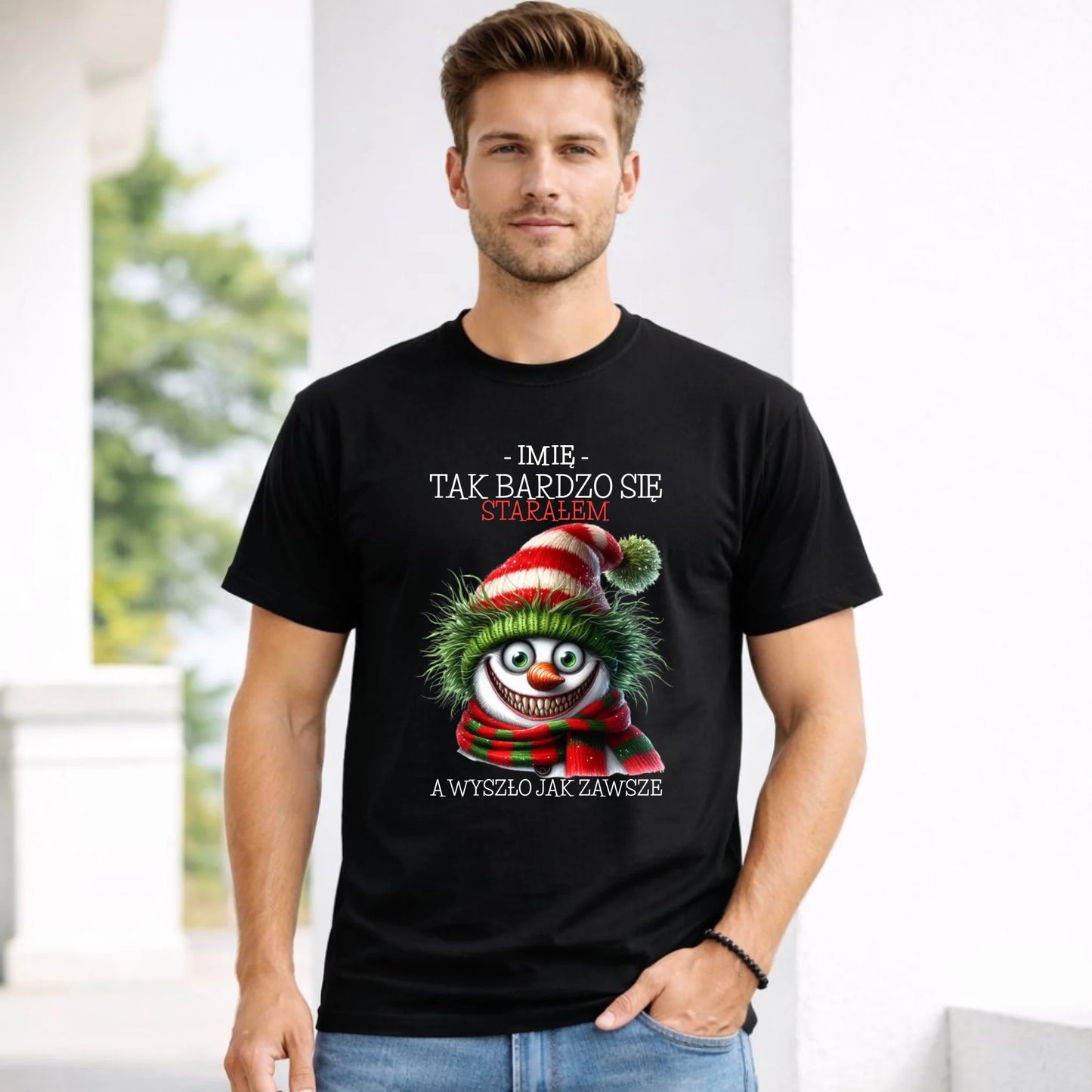 Koszulka męska świąteczna z bałwanem - Tak bardzo się starałem - personalizowana BN120