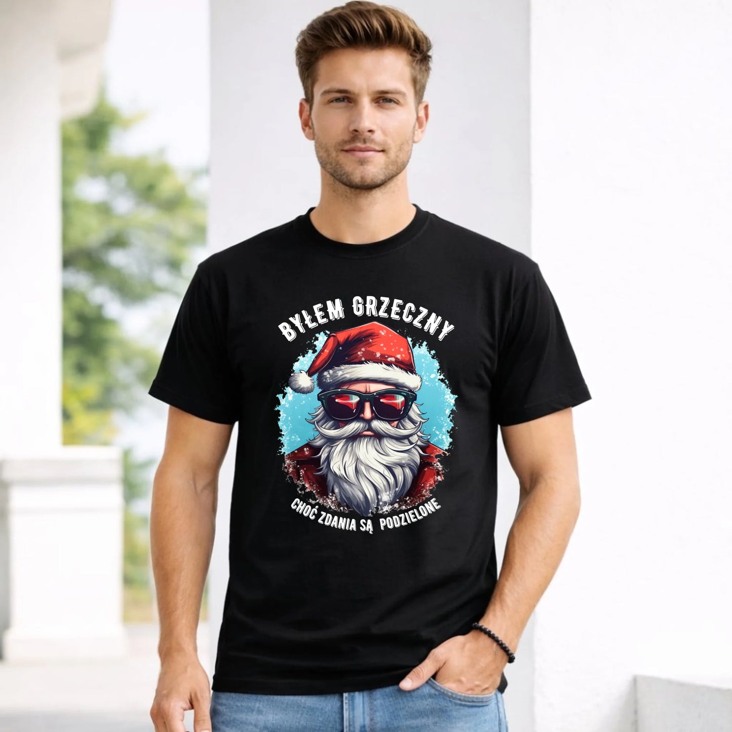 Koszulka męska świąteczna z Mikołajem - Byłem grzeczny, choć zdania są podzielone BN126