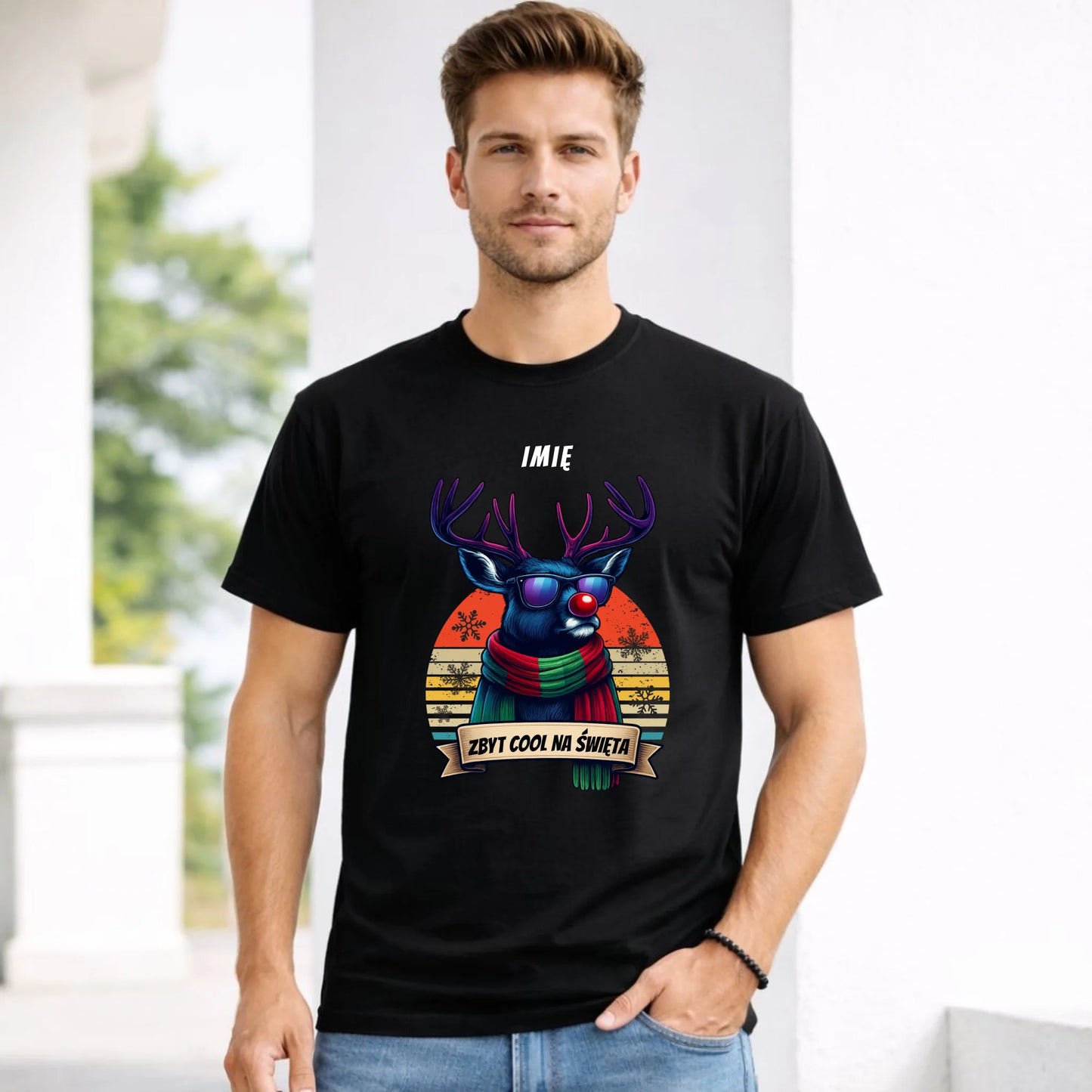 Koszulka męska świąteczna z reniferem - Zbyt cool na święta - personalizowana BN128