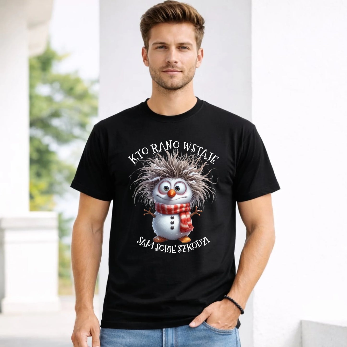 Koszulka męska świąteczna - Bałwanek - Kto rano wstaje sam sobie szkodzi BN133